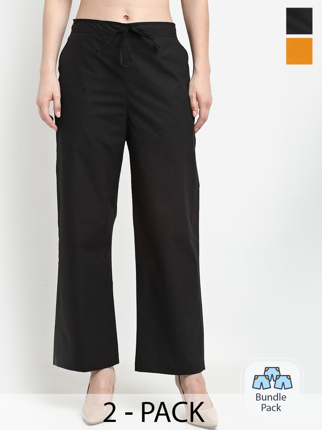 

GRACIT Women Pack Of 2 Mid-Rise Pure Cotton Parallel Trousers, Black