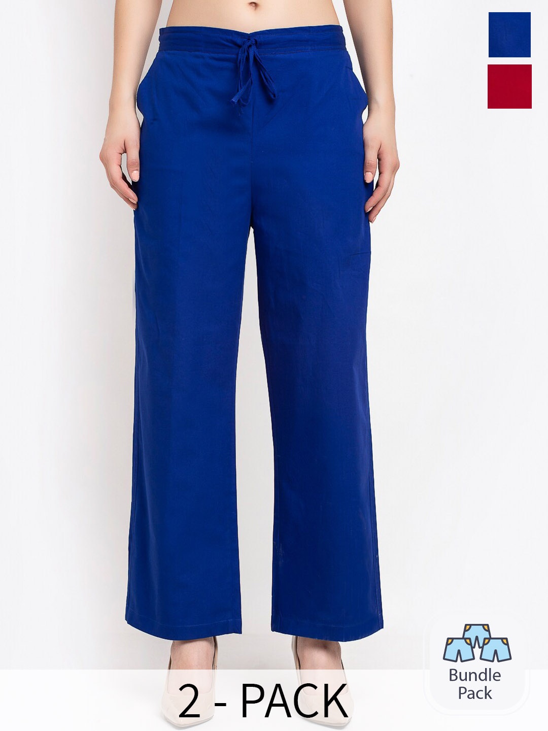 

GRACIT Women Pack Of 2 Flat-Front Mid-Rise Cotton Parallel Trousers, Blue