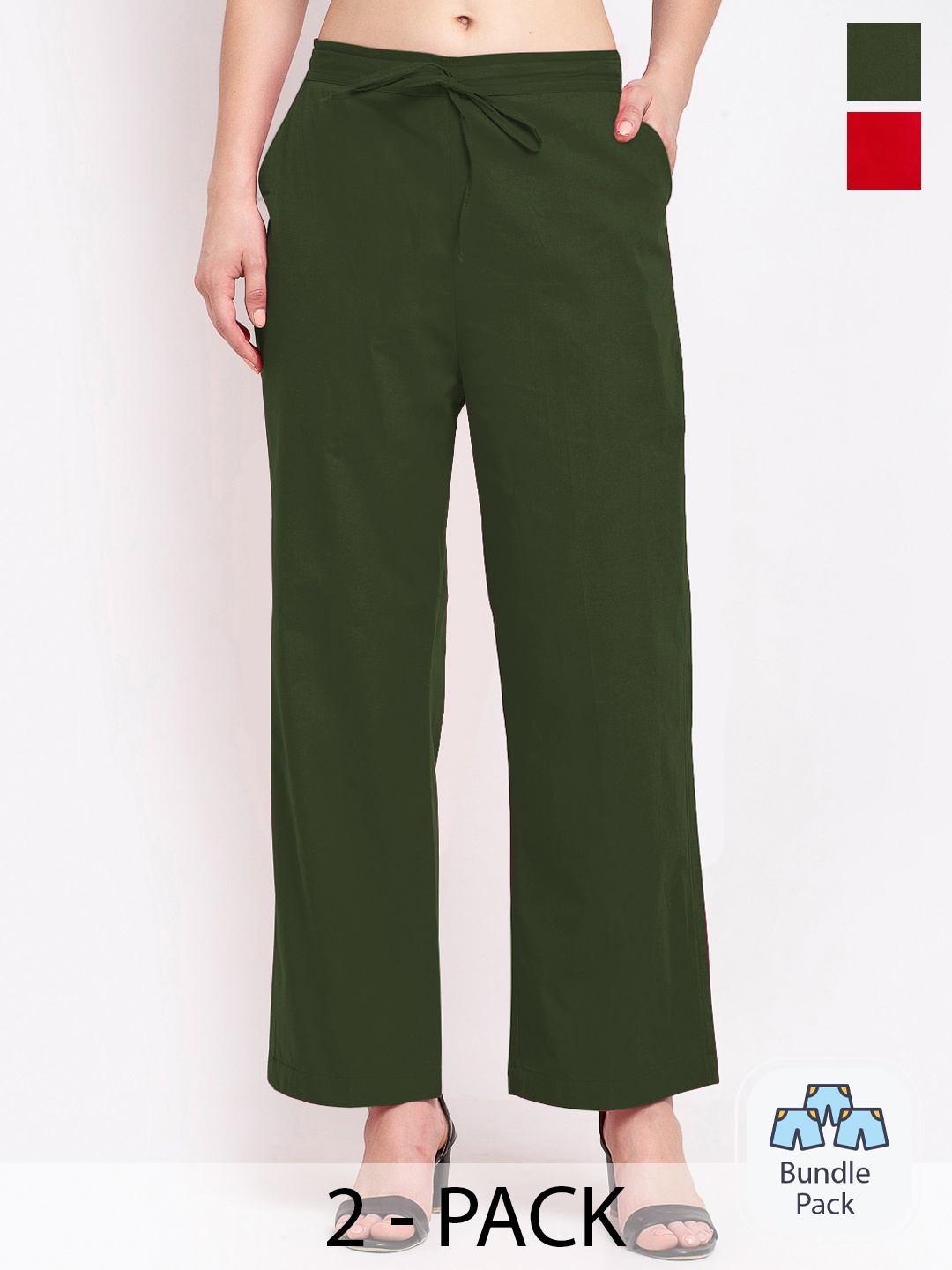 

GRACIT Women Pack Of 2 Flat-Front Mid-Rise Cotton Parallel Trousers, Red