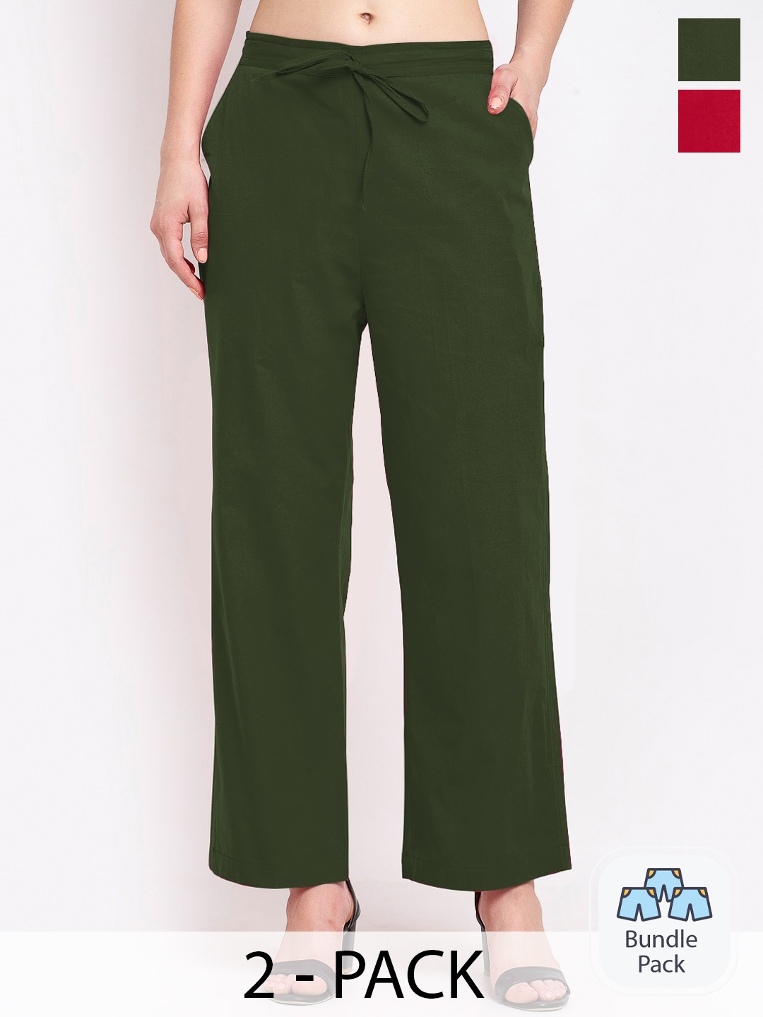 

GRACIT Women Pack Of 2 Flat-Front Mid-Rise Cotton Parallel Trousers, Maroon