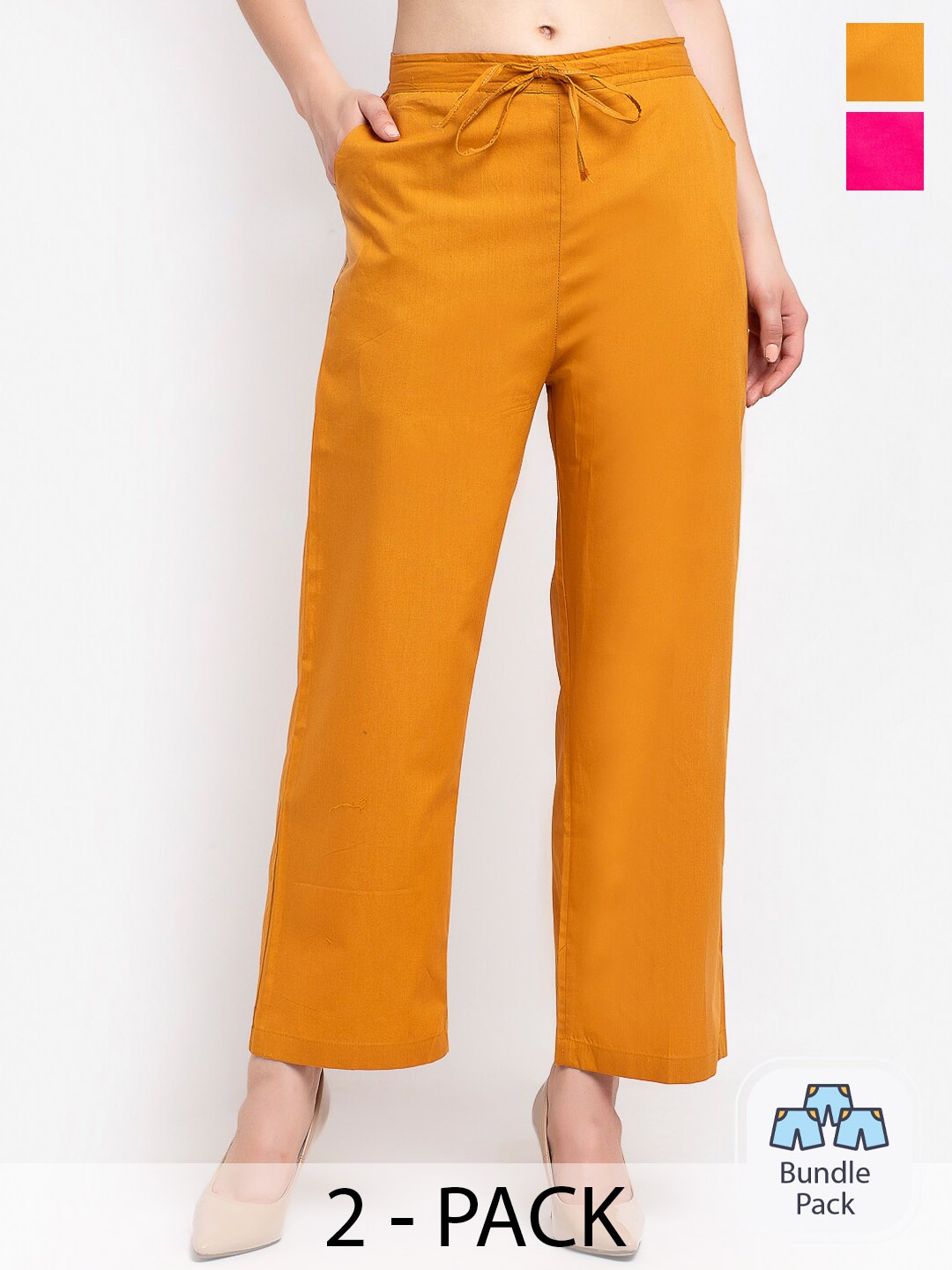 

GRACIT Women Pack Of 2 Flat-Front Mid-Rise Cotton Parallel Trousers, Pink