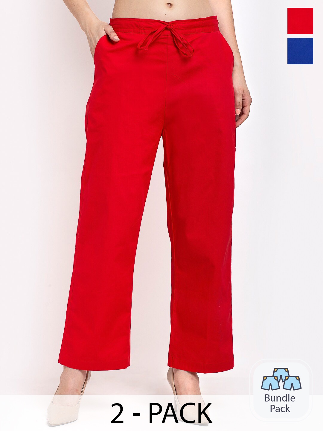 

GRACIT Women Pack Of 2 Flat-Front Mid-Rise Cotton Parallel Trousers, Red