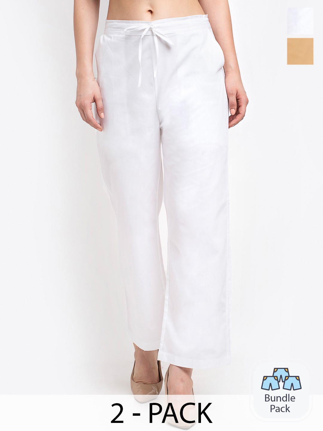 

GRACIT Women Pack Of 2 Flat-Front Mid-Rise Cotton Parallel Trousers, White