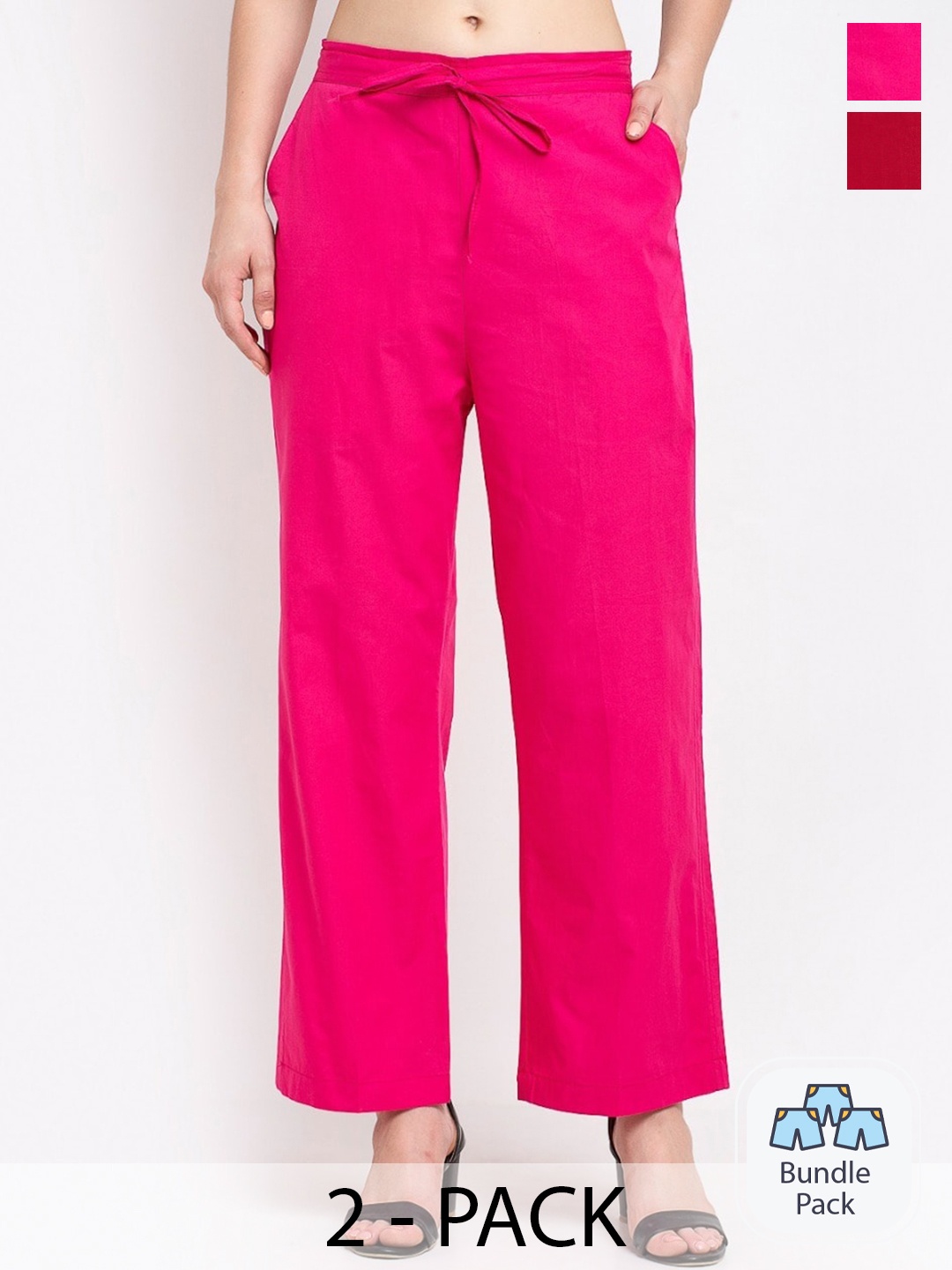 

GRACIT Women Pack Of 2 Mid-Rise Plain Pure Cotton Parallel Trousers, Pink