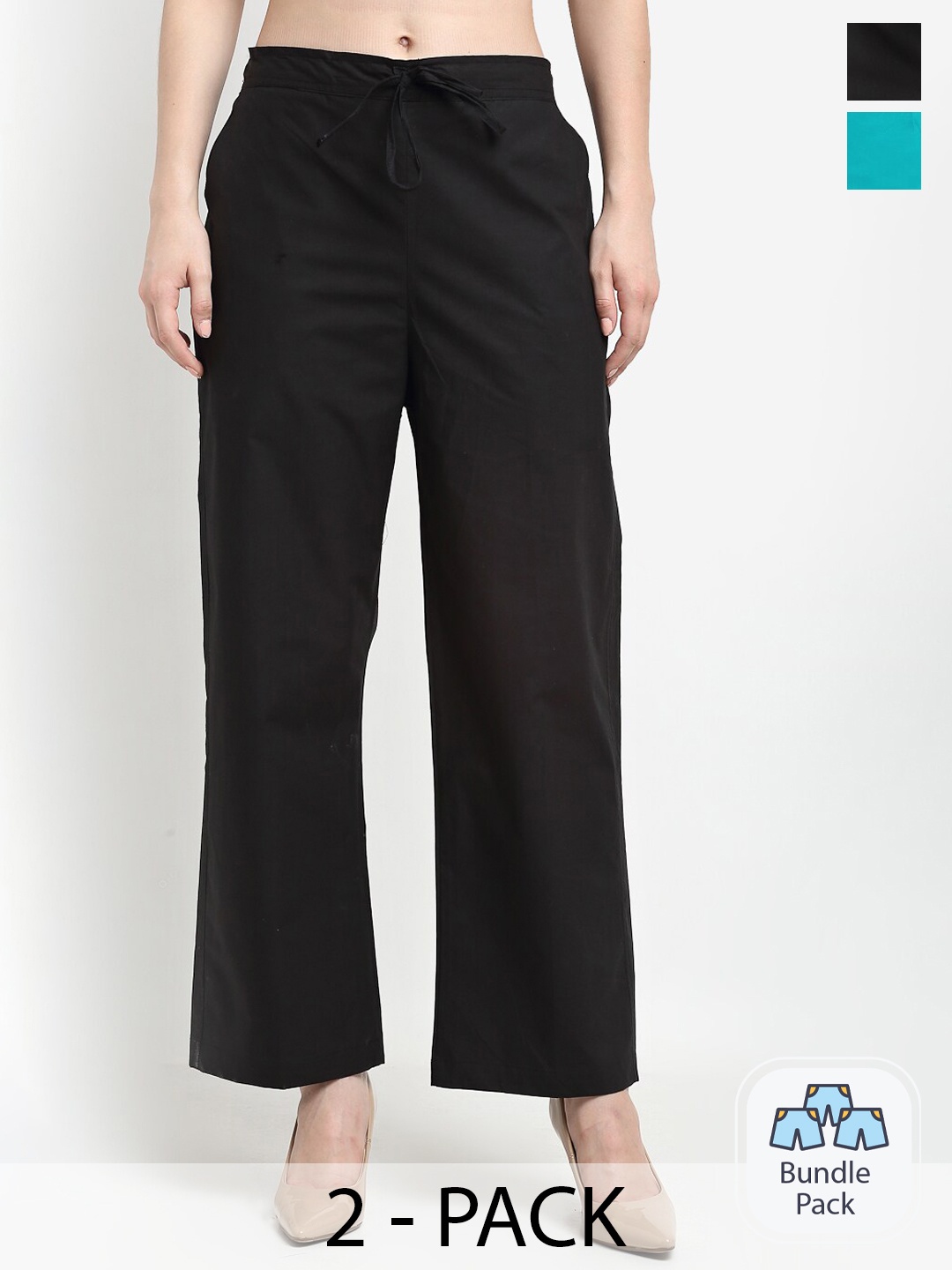 

GRACIT Women Pack Of 2 Flat-Front Mid-Rise Cotton Parallel Trousers, Black