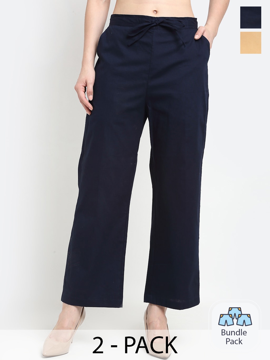 

GRACIT Pack Of 2 Women Mid-Rise Pure Cotton Parallel Trousers, Navy blue