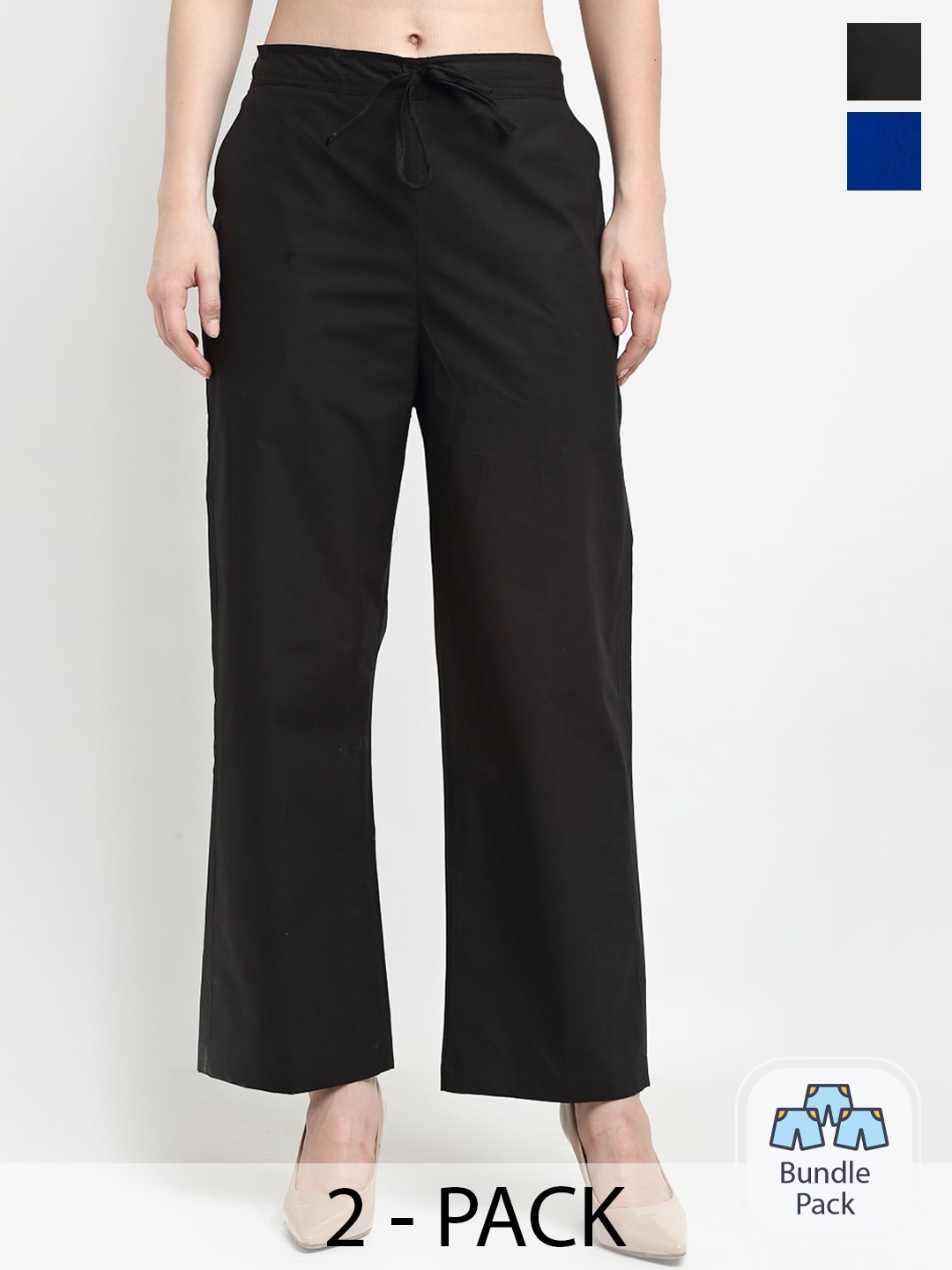 

GRACIT Women Pack Of 2 Mid-Rise Pure Cotton Parallel Trousers, Black