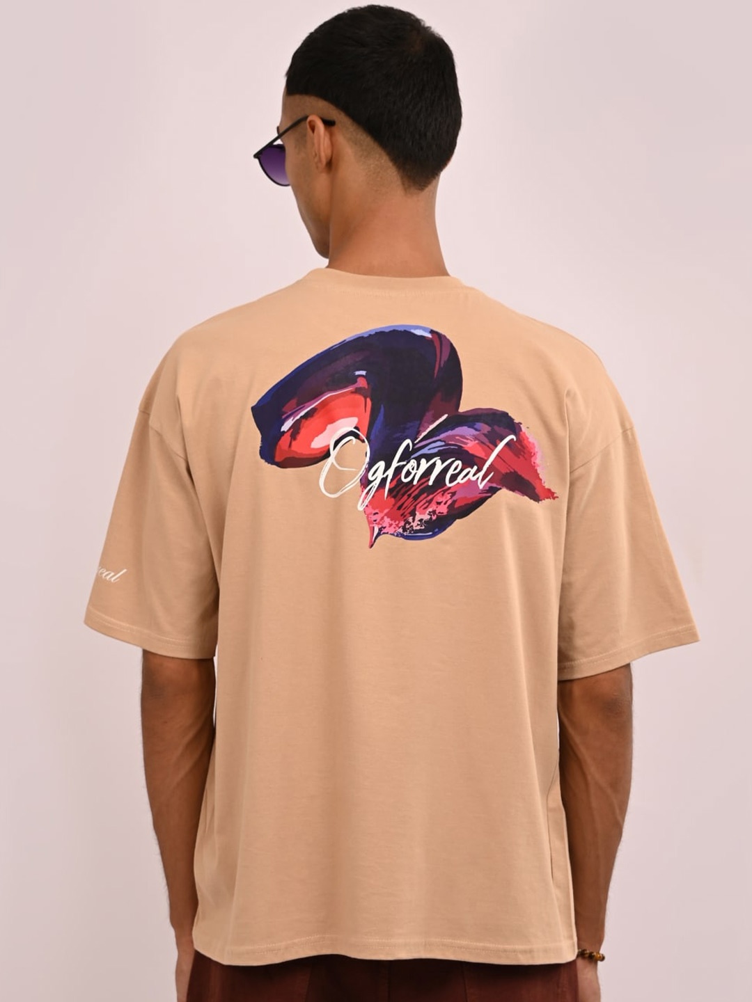 

OG For Real Typography Printed Drop Shoulder Oversized Cotton T-shirt, Beige