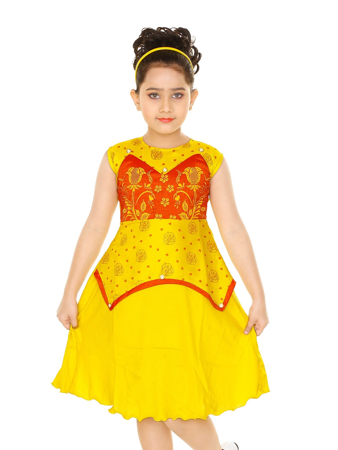 

BAESD Girls Floral Printed Round Neck A-Line Dress, Yellow