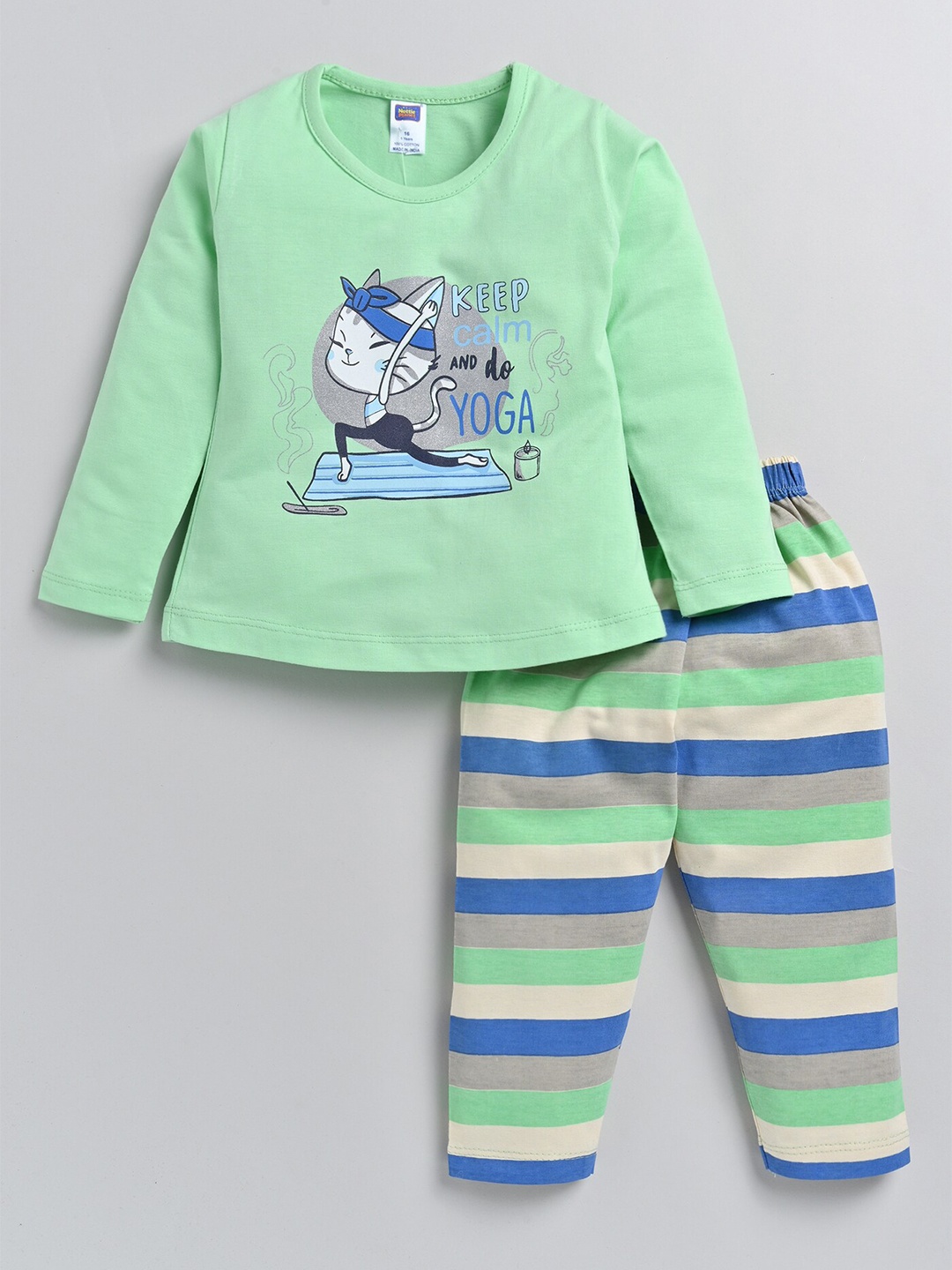 

Nottie Planet Girls Printed Pure Cotton T-shirt with Trousers, Green