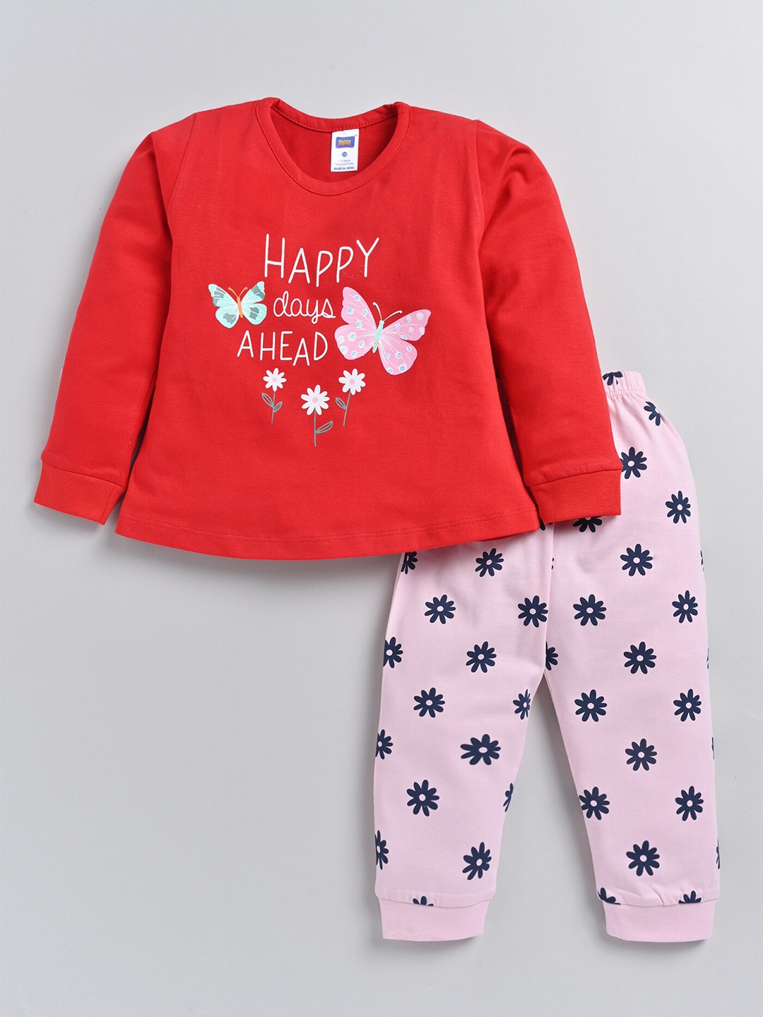 

Nottie Planet Girls Printed Pure Cotton T-shirt with Pyjamas, Red