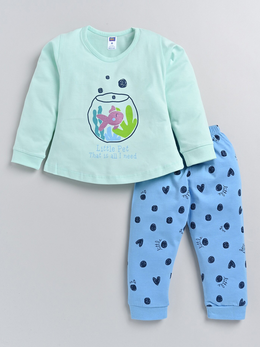 

Nottie Planet Girls Printed Pure Cotton T-shirt with Pyjamas, Green