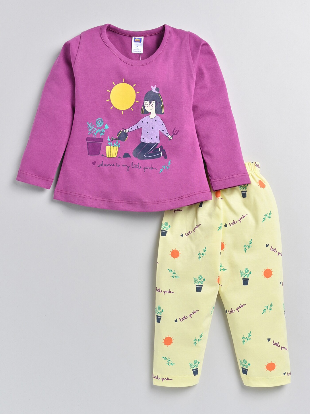 

Nottie Planet Girls Printed Pure Cotton T-shirt with Pyjamas, Purple