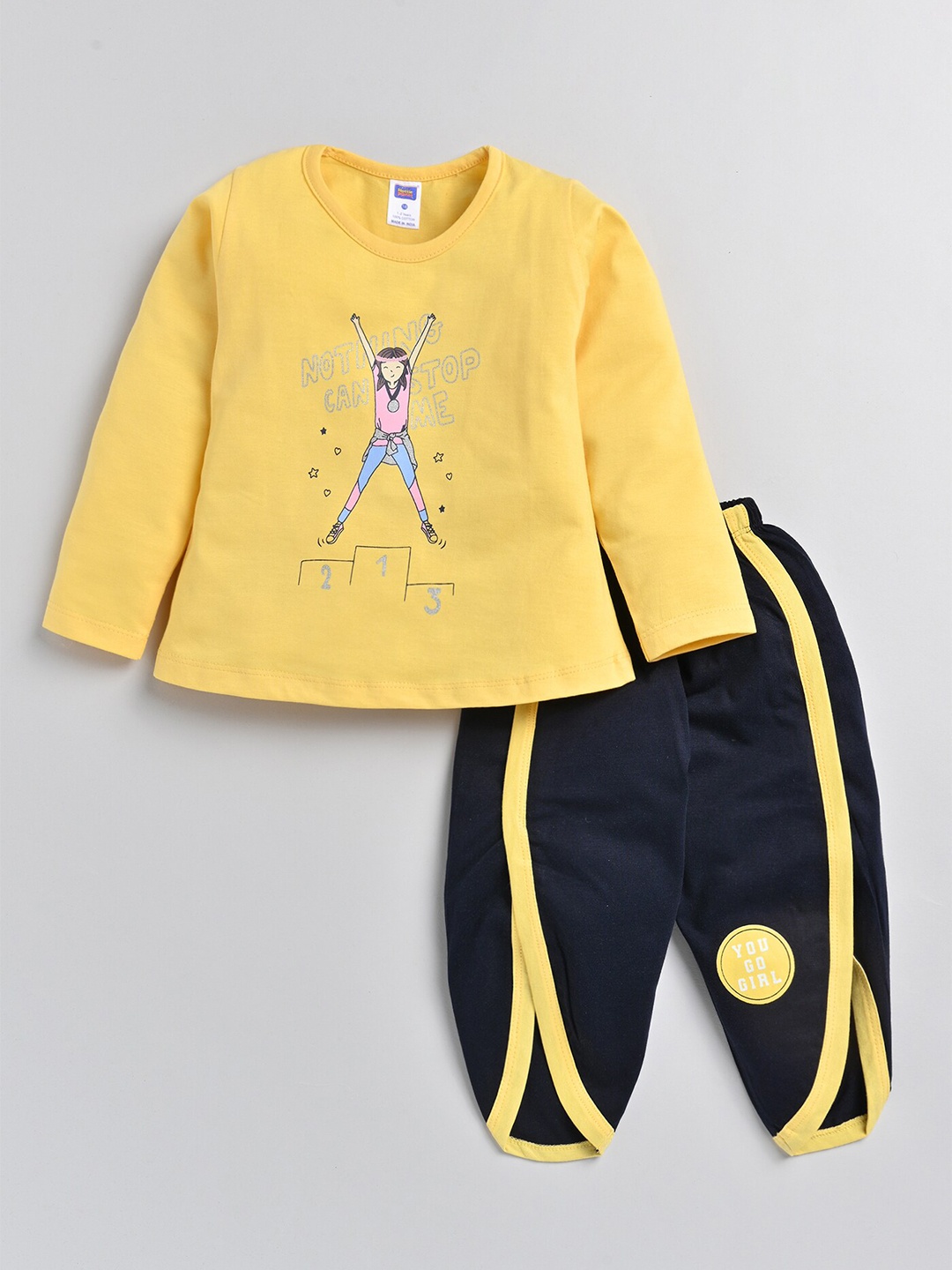 

Nottie Planet Girls Printed Pure Cotton T-shirt with Trousers, Yellow