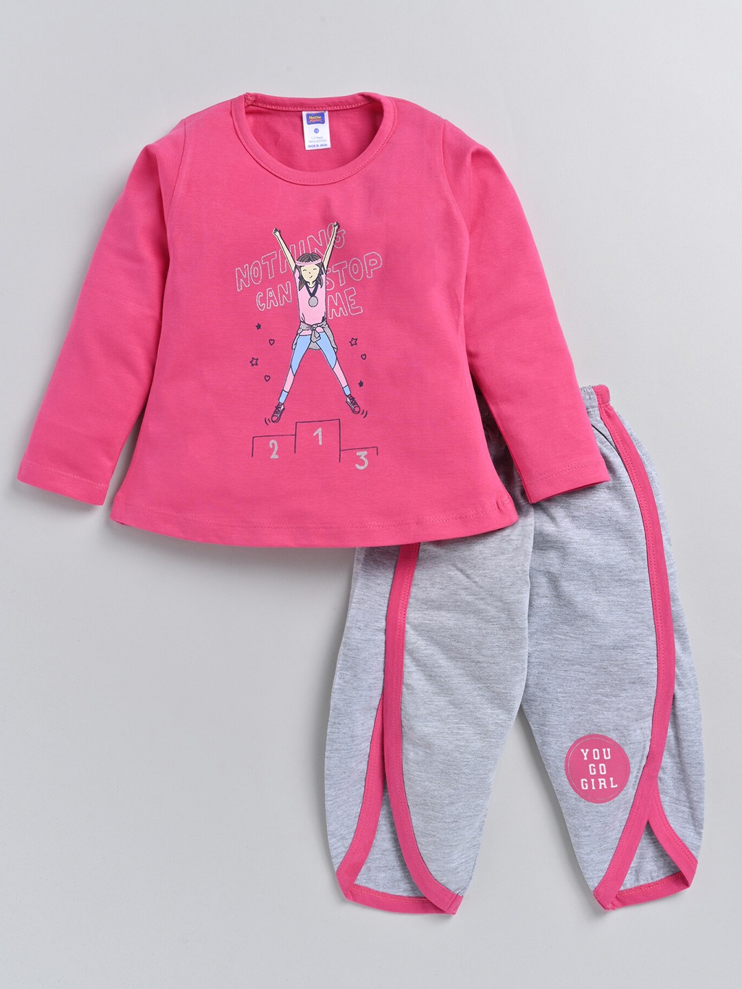 

Nottie Planet Girls Printed Pure Cotton T-shirt with Trousers, Fuchsia