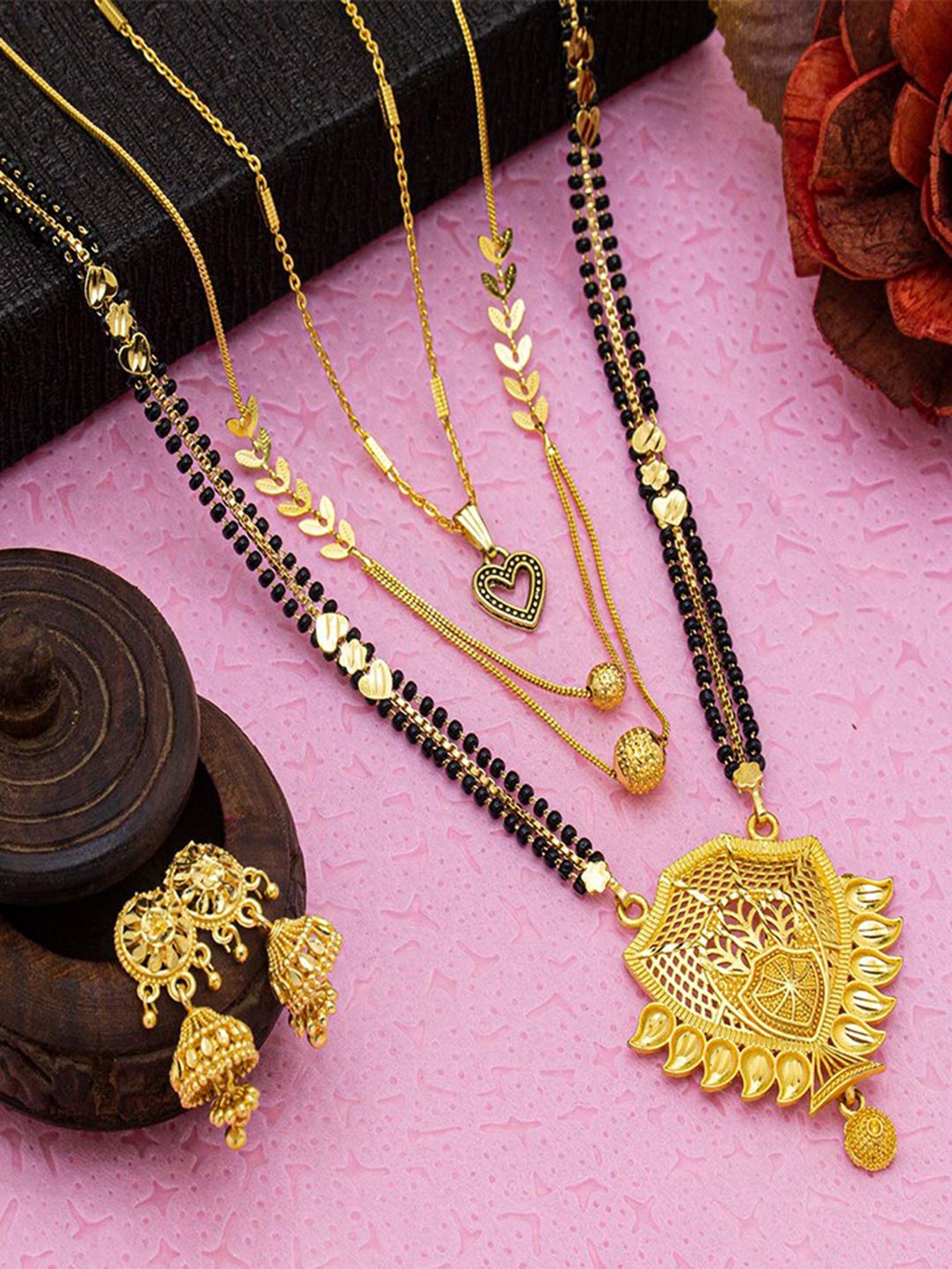 

Ramdev Art Fashion Jwellery Set Of 4 Gold-Plated Mangalsutra With Jumkhas