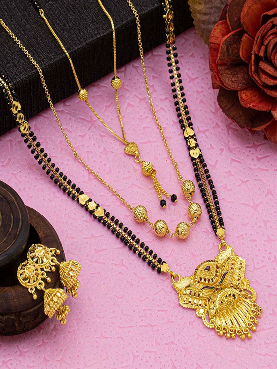 

Ramdev Art Fashion Jwellery Set Of 3 Gold-Plated Mangalsutra With Jumkhas