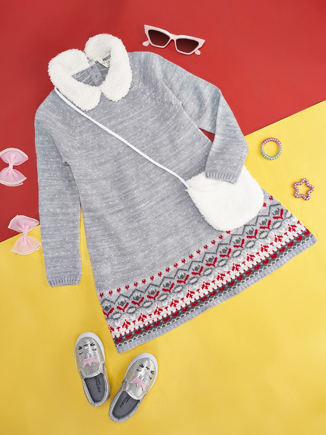 

Pantaloons Junior Girls Ethnic Motifs Printed Peter Pan Collar Longline Pullover, Grey melange