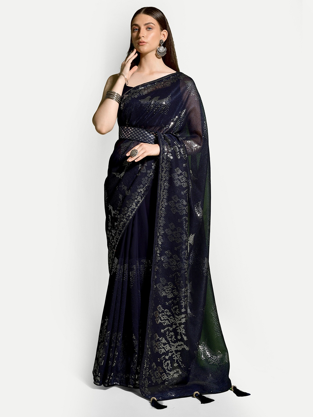 

DWIZA ENTERPRISE Embellished Pure Georgette Saree, Navy blue