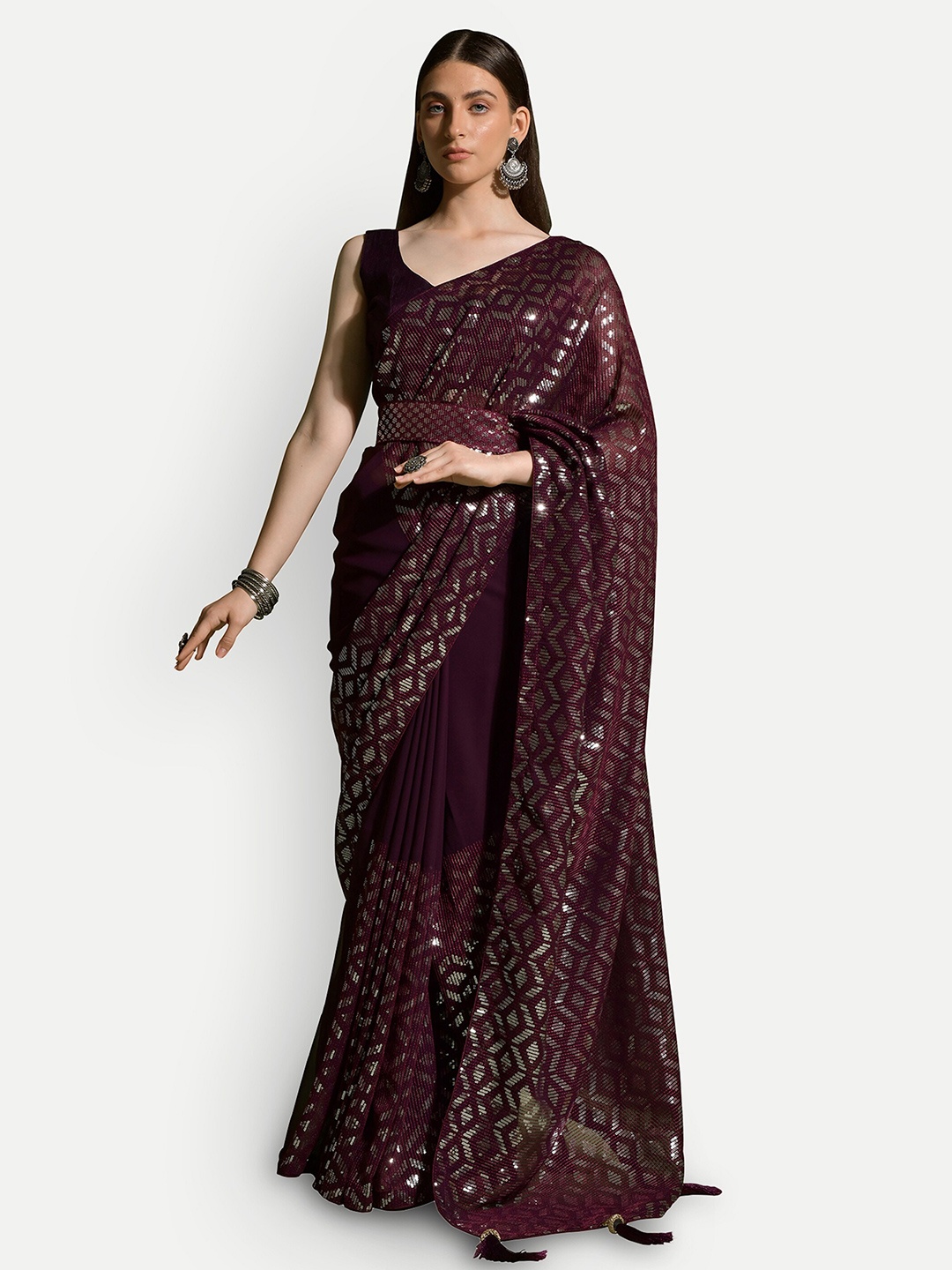 

DWIZA ENTERPRISE Embellished Pure Georgette Saree, Maroon