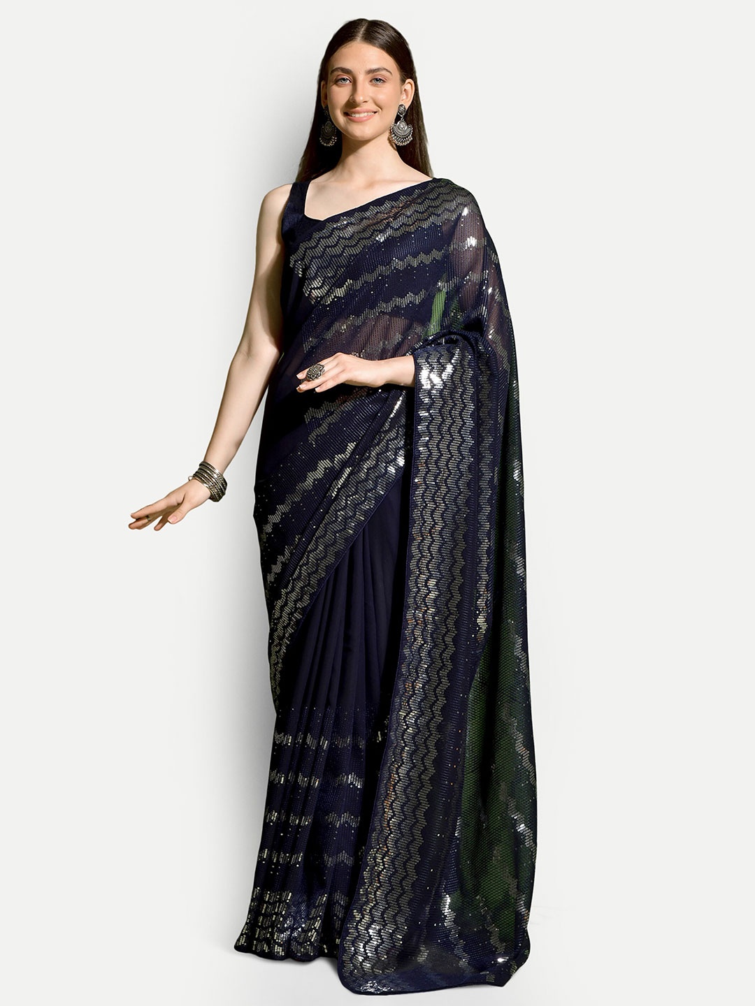 

DWIZA ENTERPRISE Embellished Sequined Pure Georgette Saree, Blue