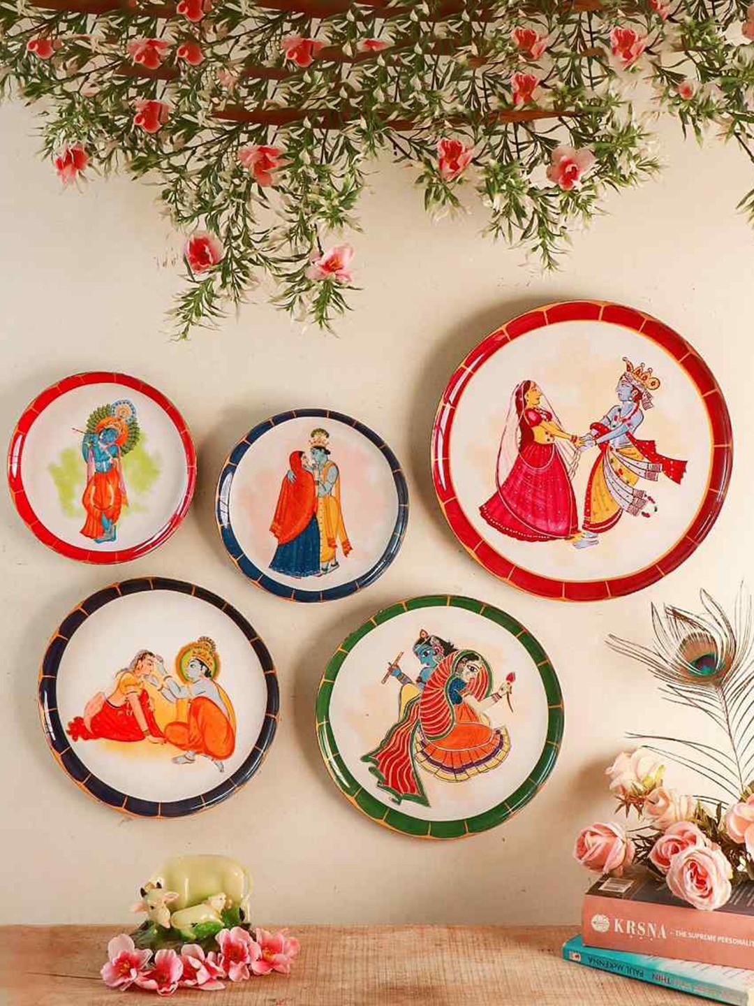 

Ritualistic Red 5 Pieces Krishna Leela Painted Wall Decor Plates