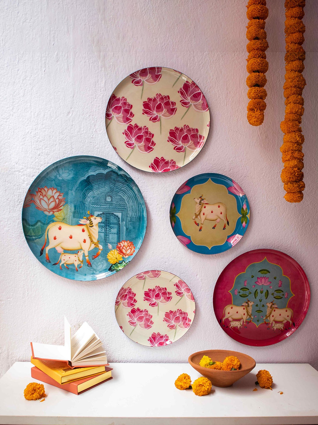 

RITUALISTIC Set of 5 Pichwai Home Decorative Wall Plates, Green
