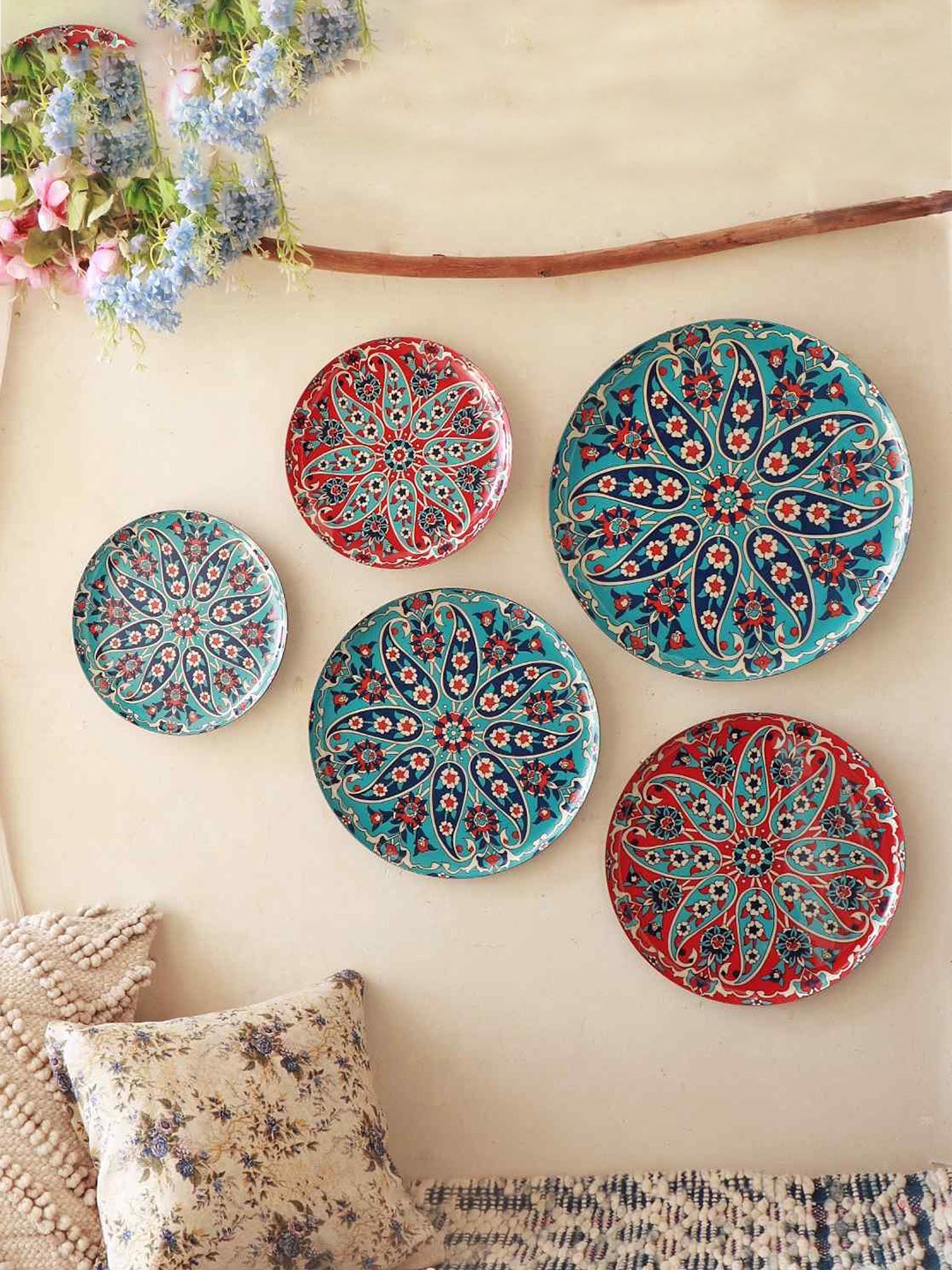 

Ritualistic Red & Blue 5 Pieces Turkish Art Painted Wall Decor Plates