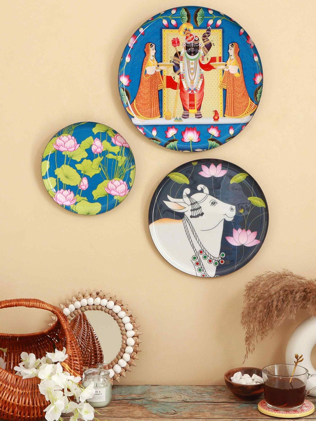 

Ritualistic Red & Blue 3 Pieces Pichwai Art Painted Wall Decor Plates