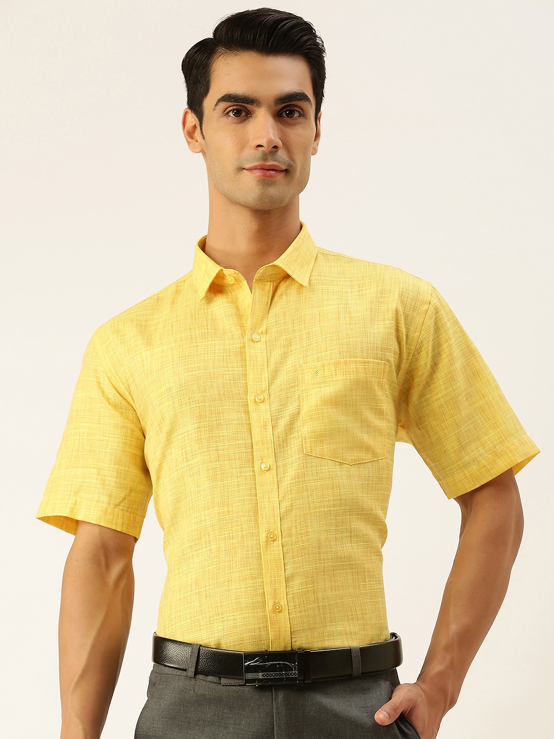 

Viveagham Men Smart Cotton Short Sleeved Formal Shirt, Yellow