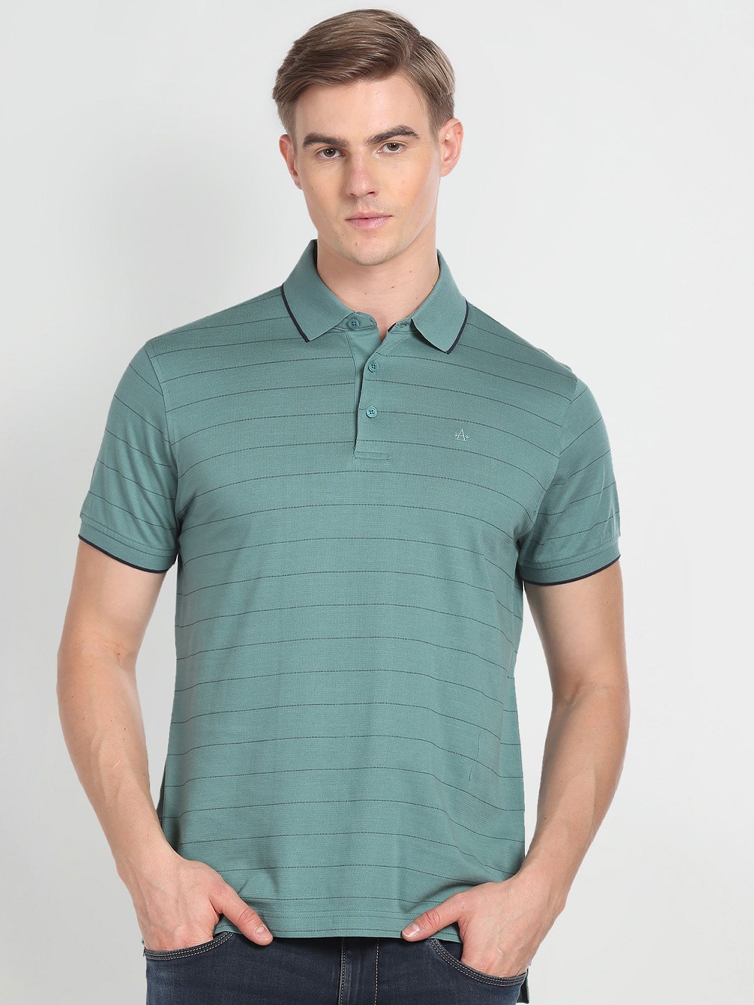 

Arrow Striped Polo Collar Short Sleeve Cotton Regular T-shirt, Green