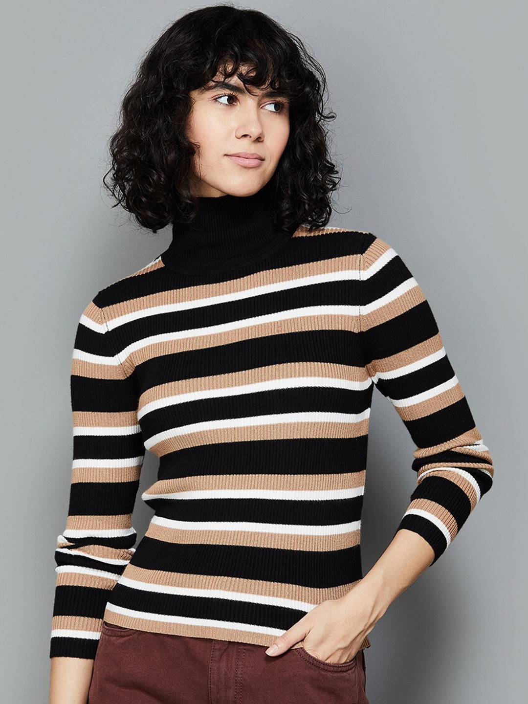 

Ginger by Lifestyle Striped Mock Collar Top, Brown