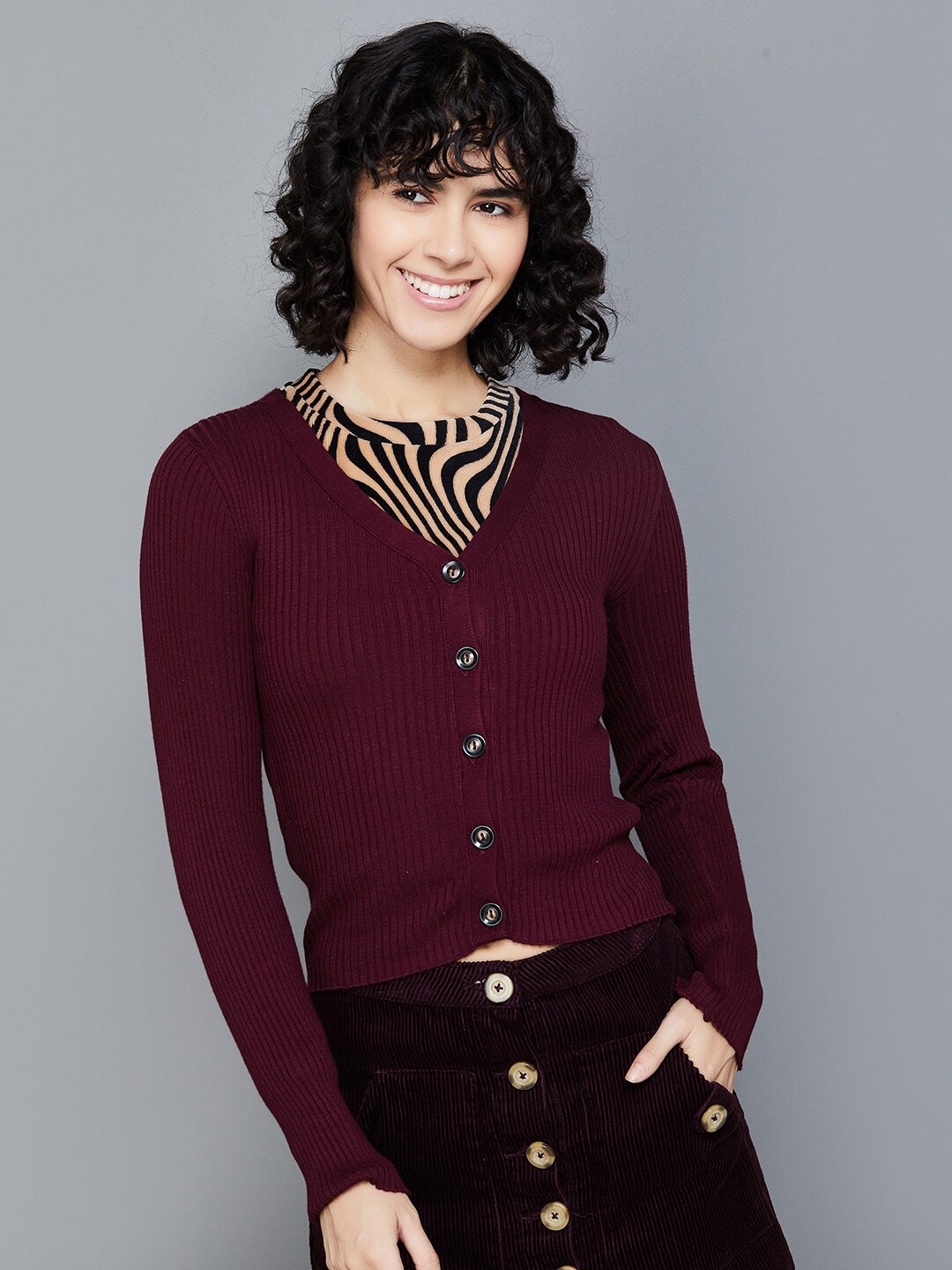 

Ginger by Lifestyle Ribbed V-Neck Cardigan, Burgundy