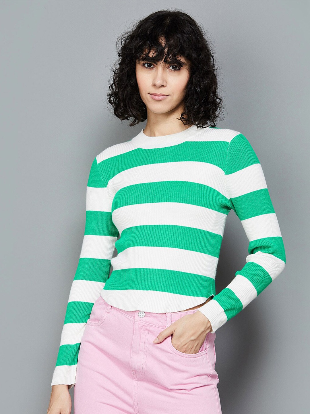 

Ginger by Lifestyle Striped Ribbed Fitted Top, Green
