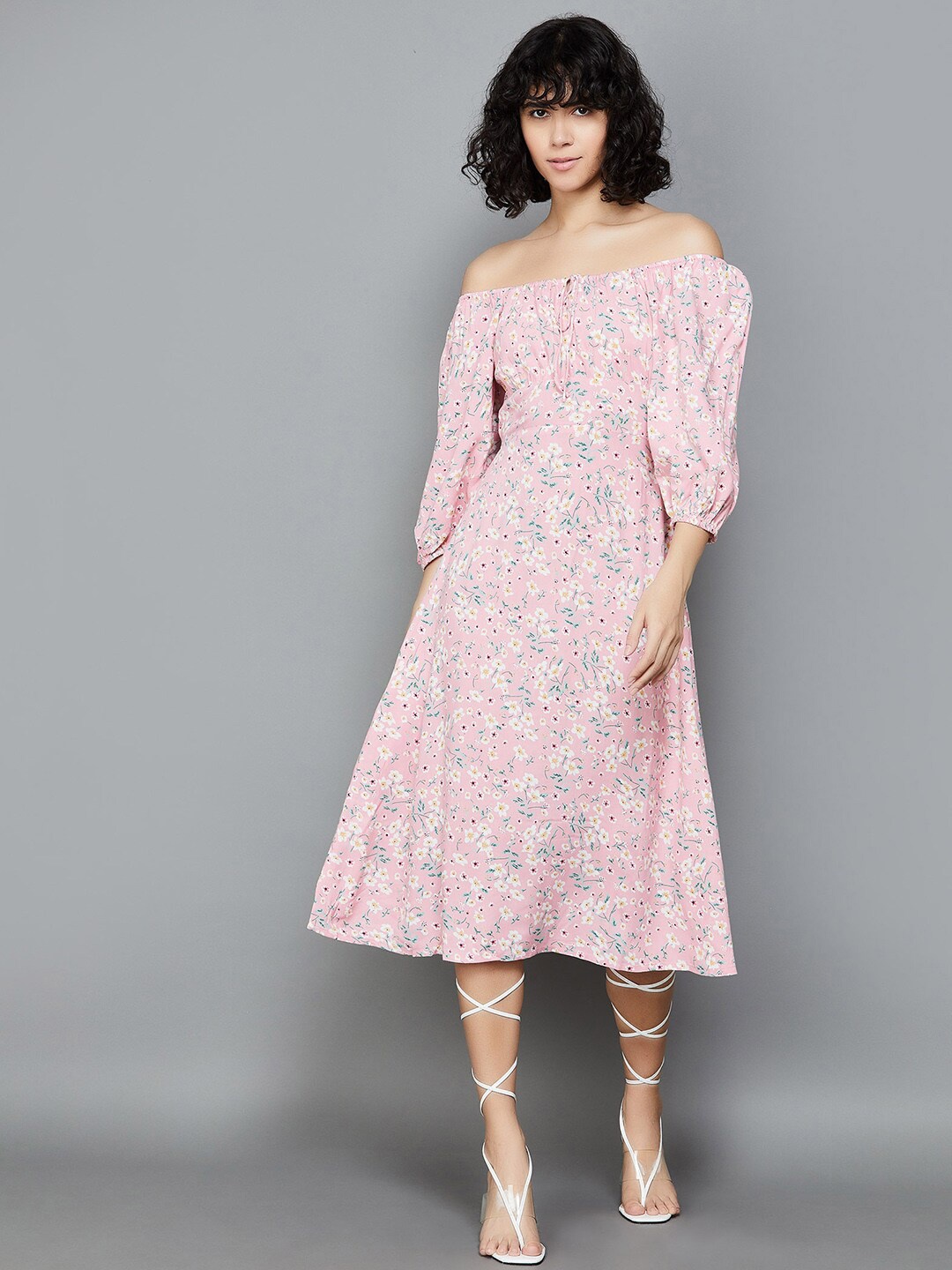 

Ginger by Lifestyle Floral Printed Off-Shoulder Puff Sleeve A-Line Dress, Pink