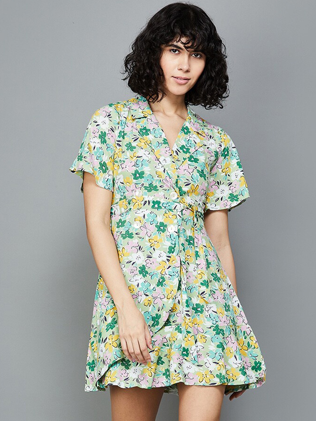 

Ginger by Lifestyle Floral Printed Cuban Collar A-Line Dress with Belt, Green