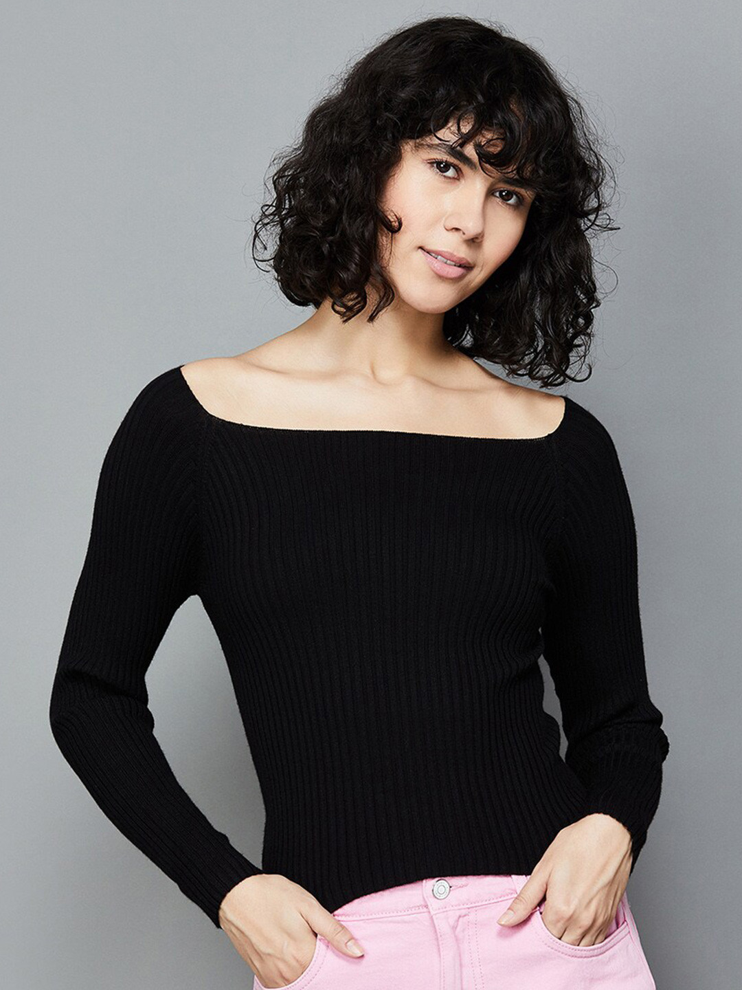 

Ginger by Lifestyle Off-Shoulder Ribbed Top, Black