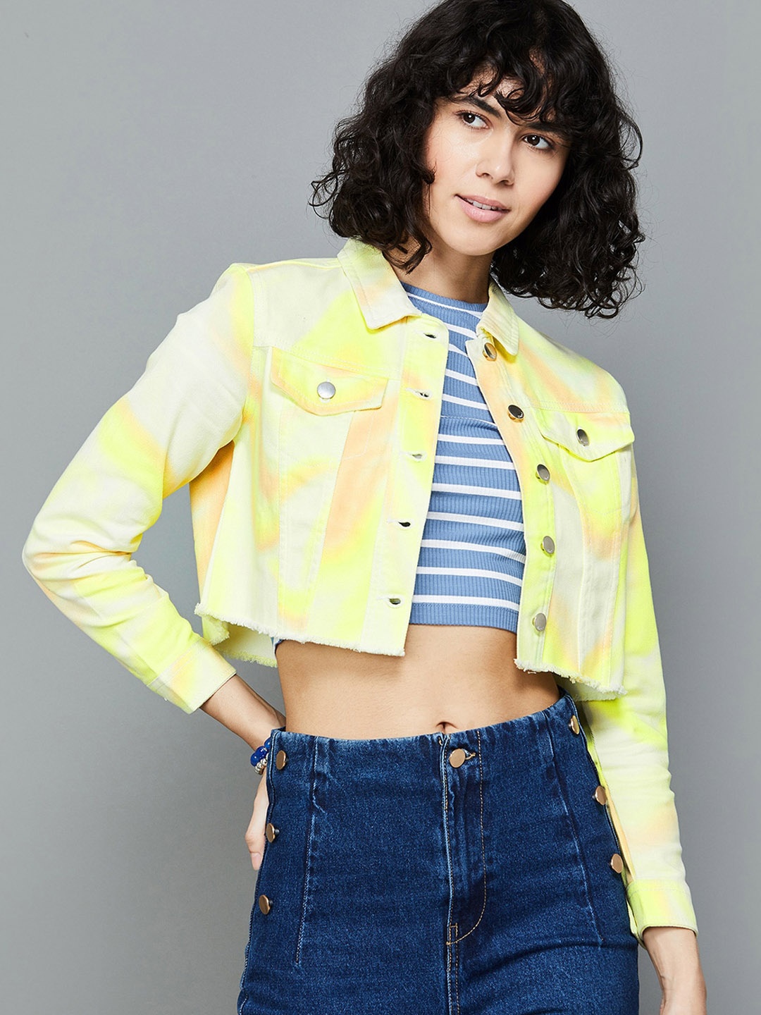 

Ginger by Lifestyle Tie and Dye Crop Denim Jacket, Yellow