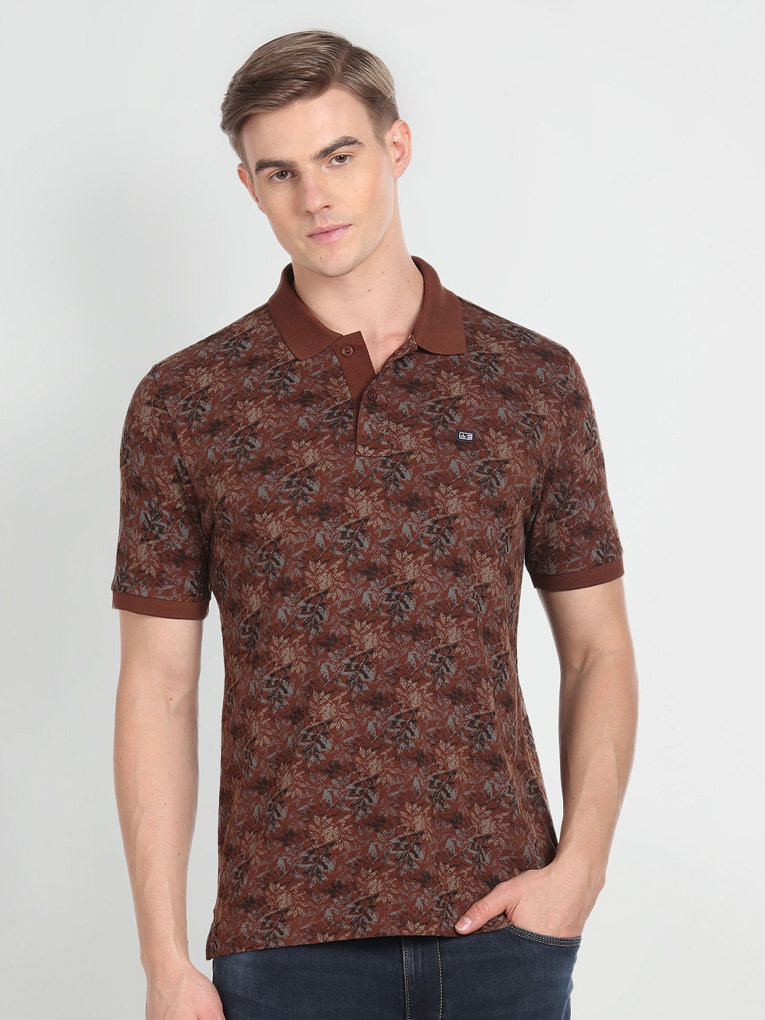 

Arrow Sport Tropical Printed Polo Collar Short Sleeve Cotton Regular T-shirt, Brown