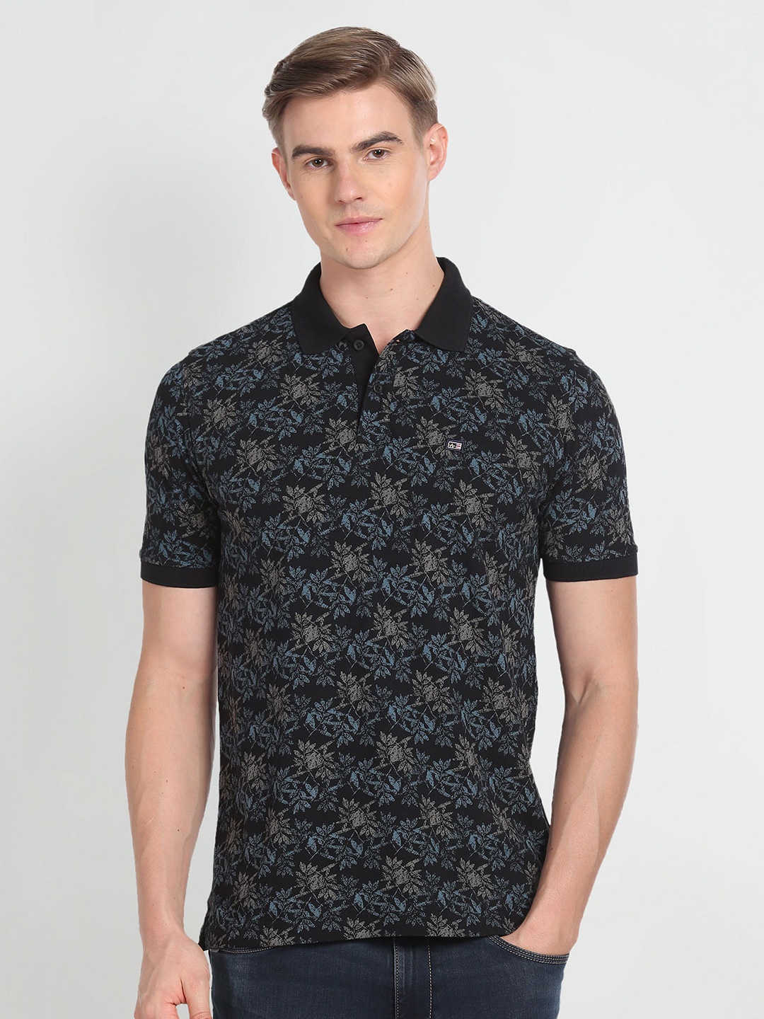 

Arrow Sport Floral Printed Polo Collar Pure Cotton T-shirt, Black
