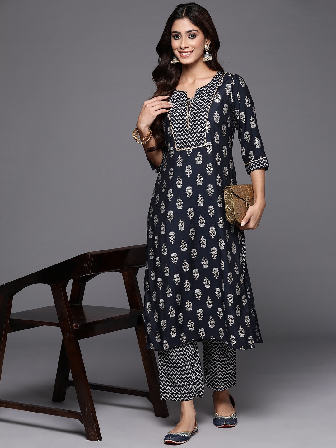 

Libas Women Ethnic Motifs Printed Regular Gotta Patti Kurta with Trousers, Blue