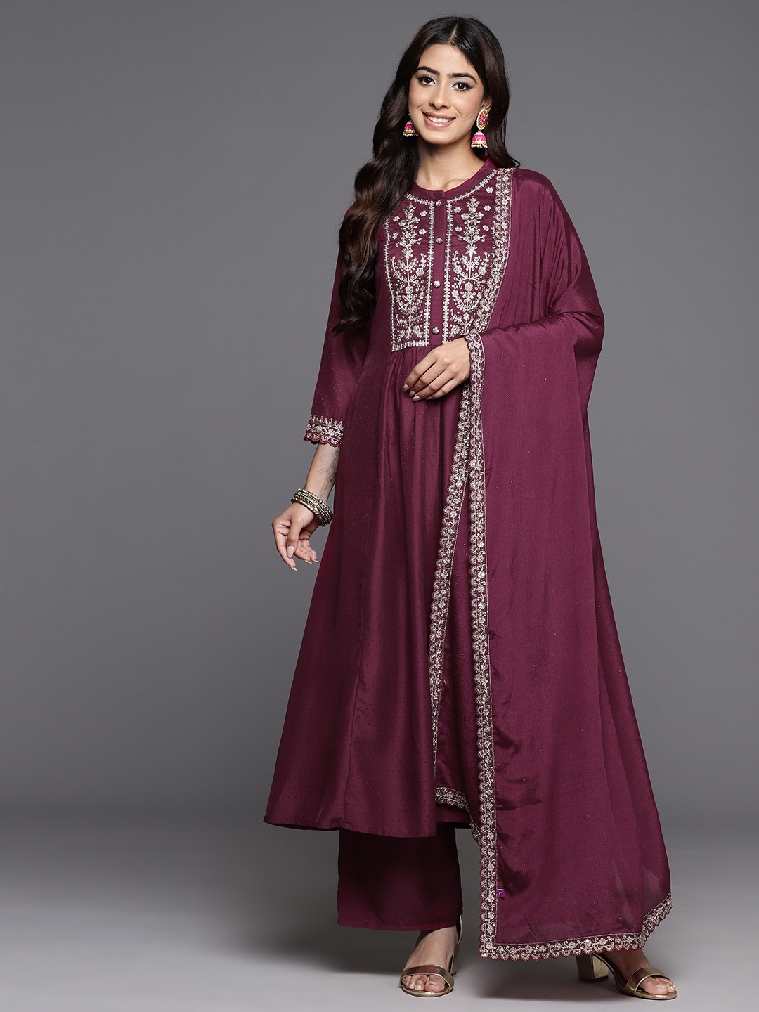 

Libas Women Floral Yoke Design Pleated Thread Work Kurta with Palazzos & With Dupatta, Burgundy