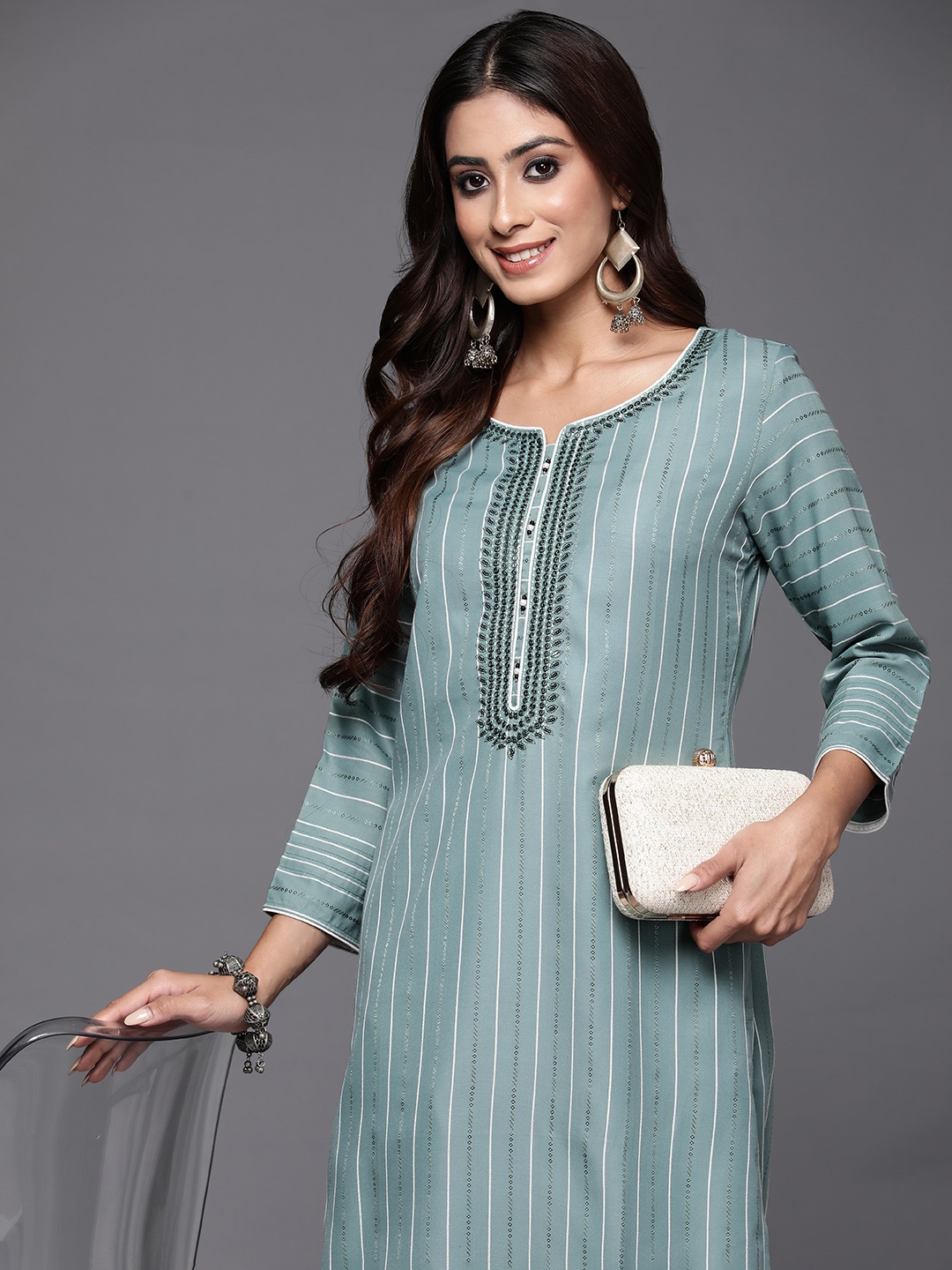 

Libas Women Striped Sequinned Kurta, Green