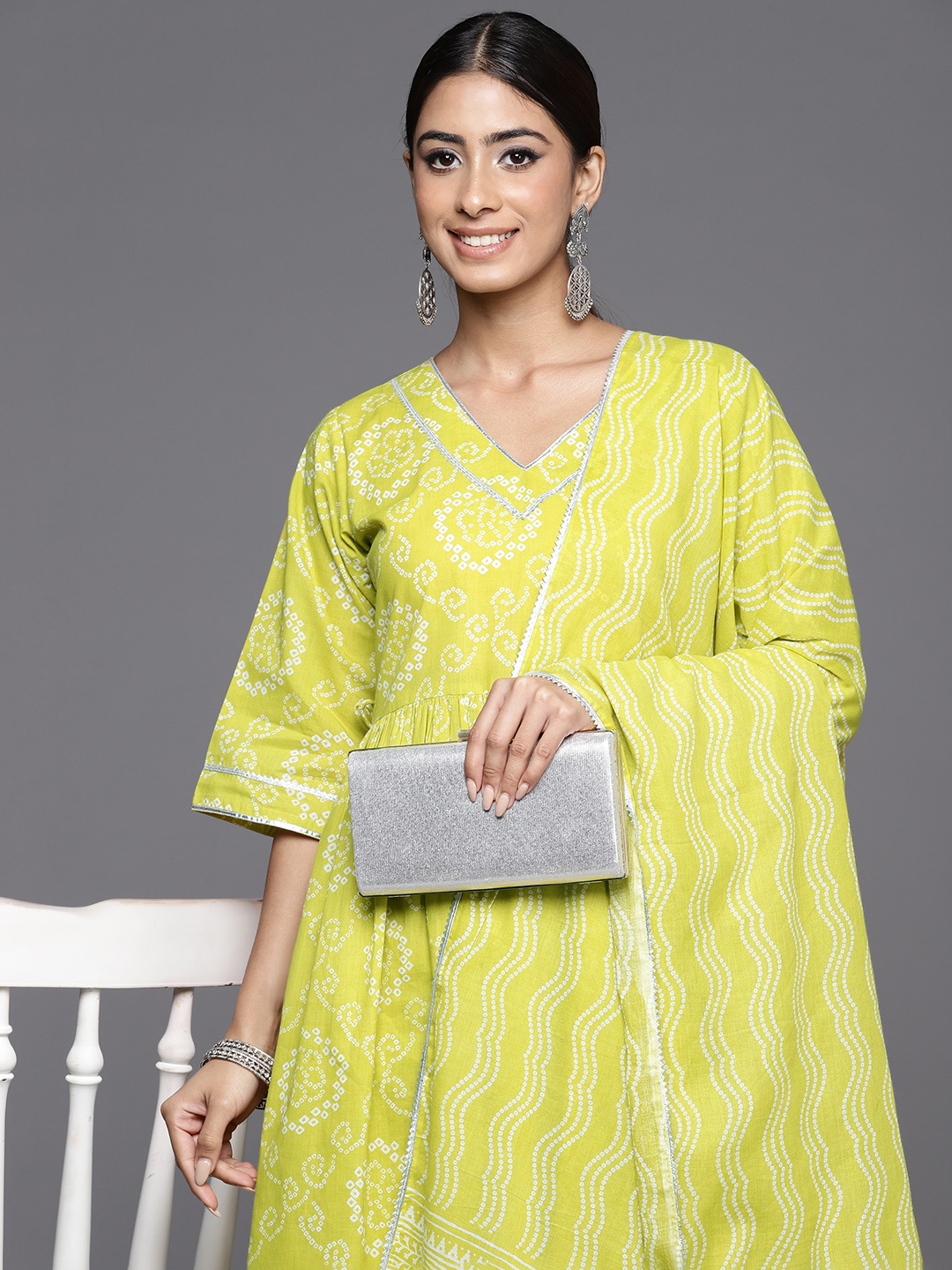 

Libas Women Bandhani Printed Gotta Patti Pure Cotton Kurta with Trousers & With Dupatta, Green