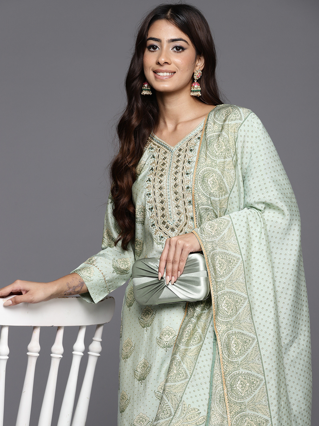 

Libas Women Floral Printed Regular Kurta with Salwar & With Dupatta, Green