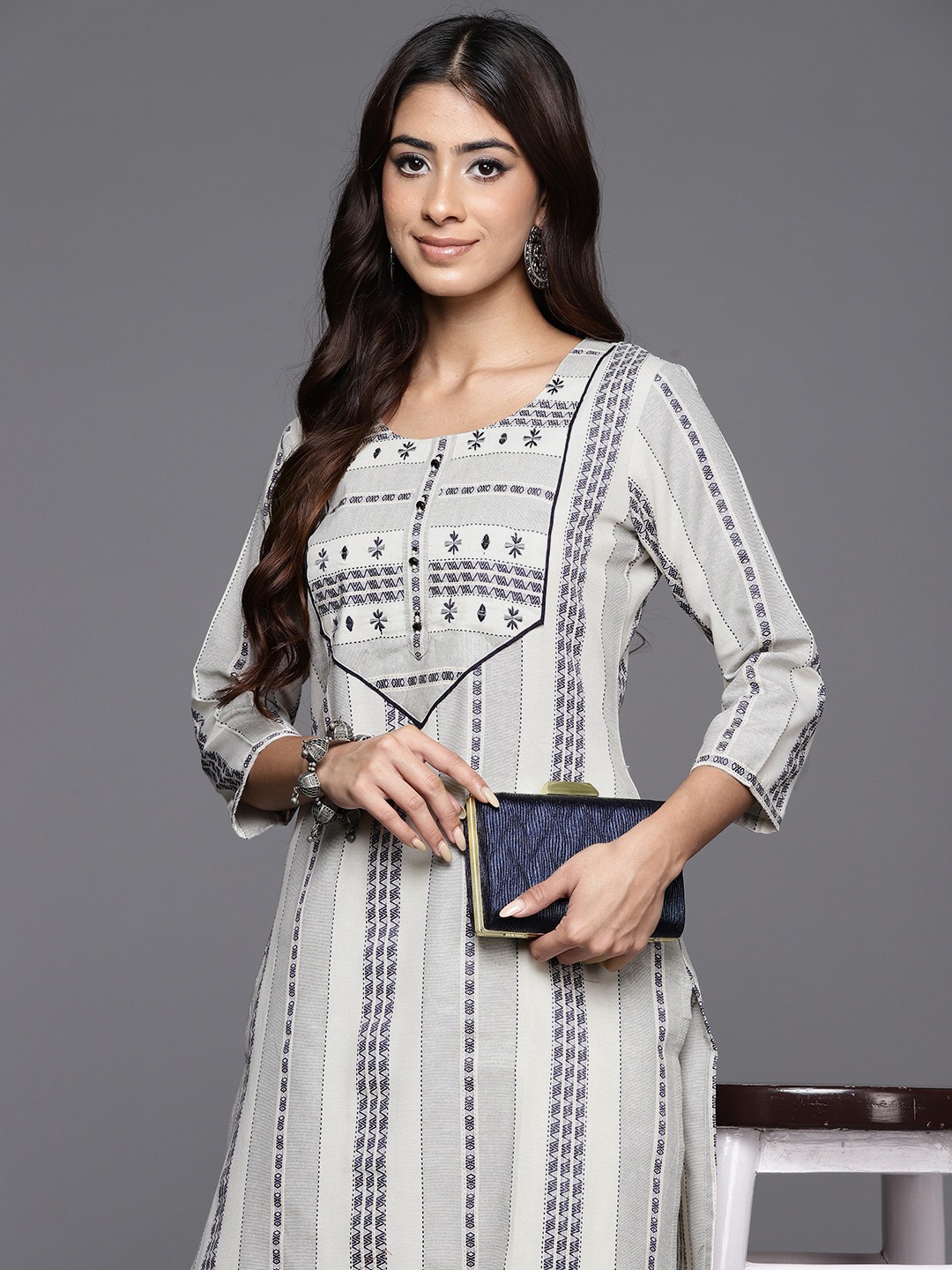 

Libas Women Woven Design Thread Work Kurta, Grey