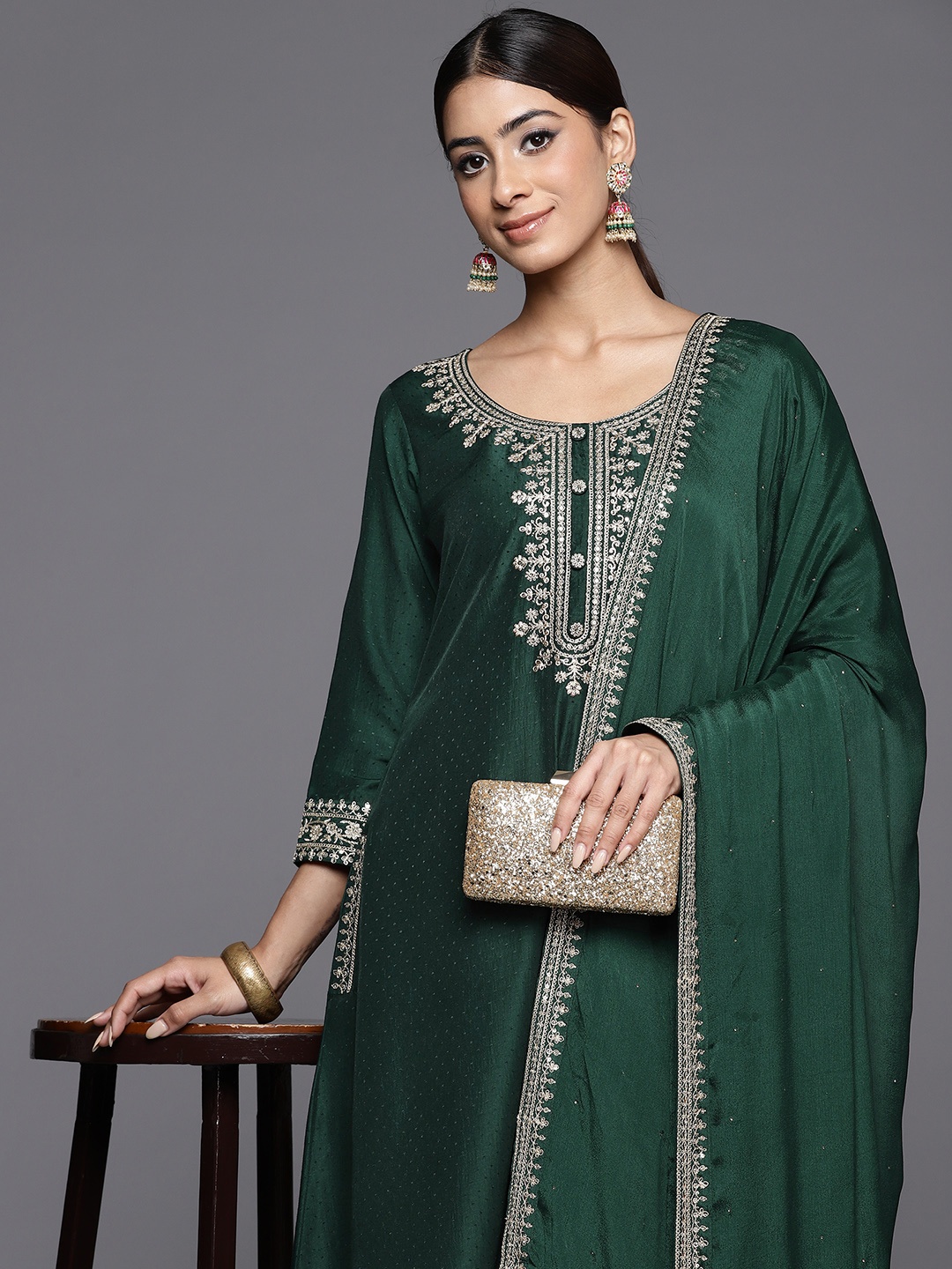 

Libas Women Floral Yoke Design Regular Kurta with Palazzos & With Dupatta, Green