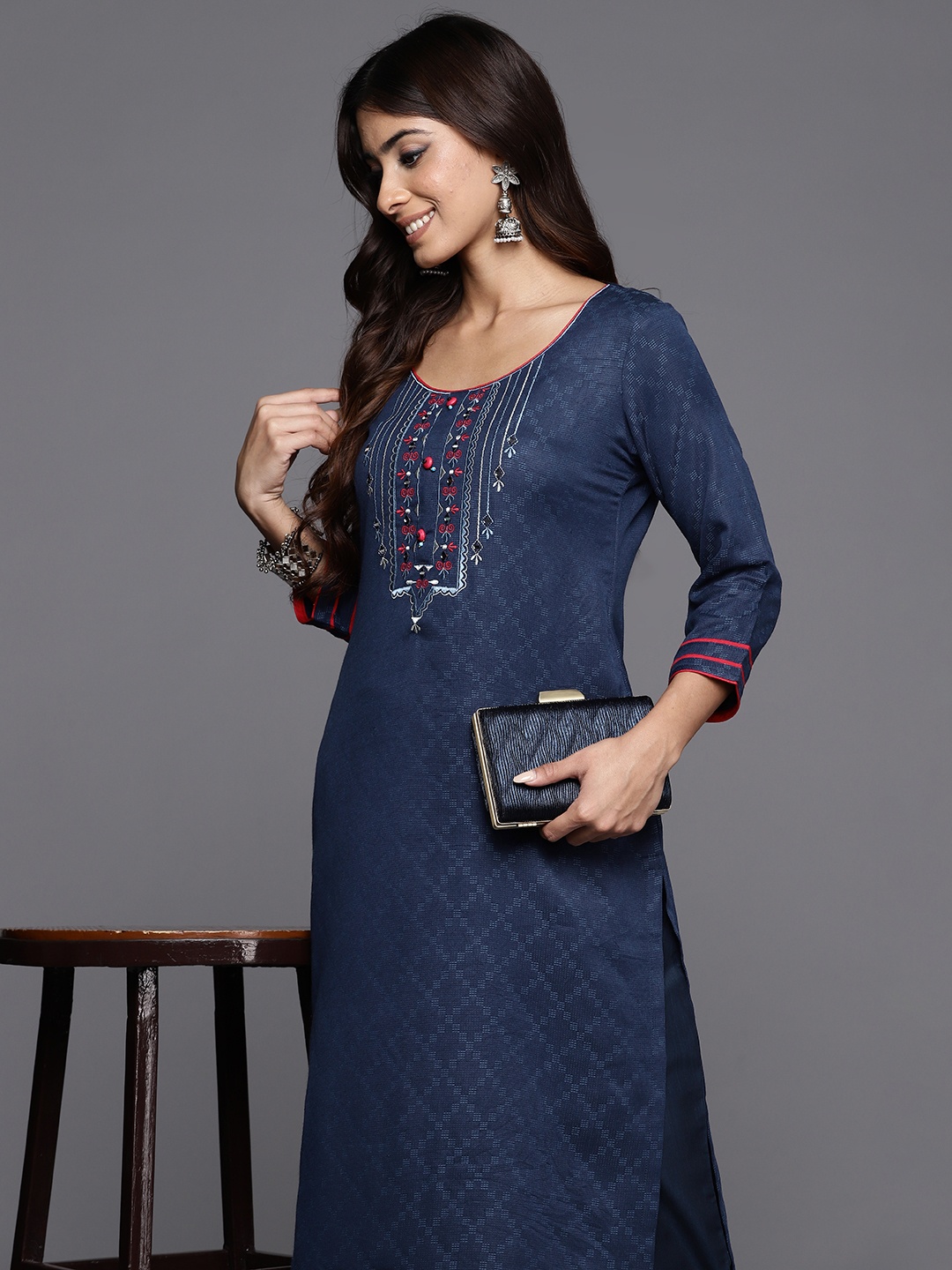 

Libas Women Ethnic Motifs Yoke Design Thread Work Kurta, Blue