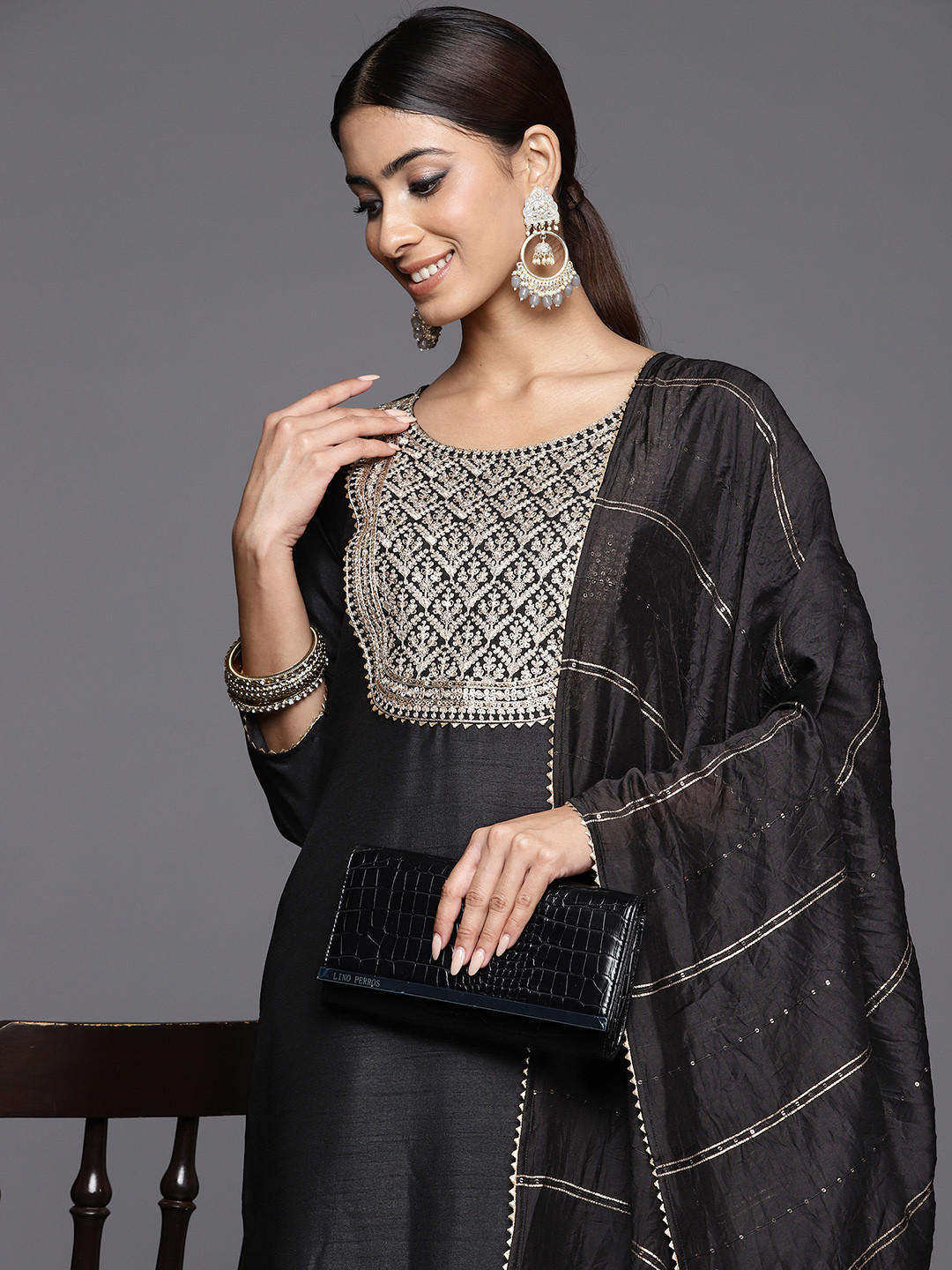 

Libas Women Floral Yoke Design Regular Kurta with Palazzos & With Dupatta, Black