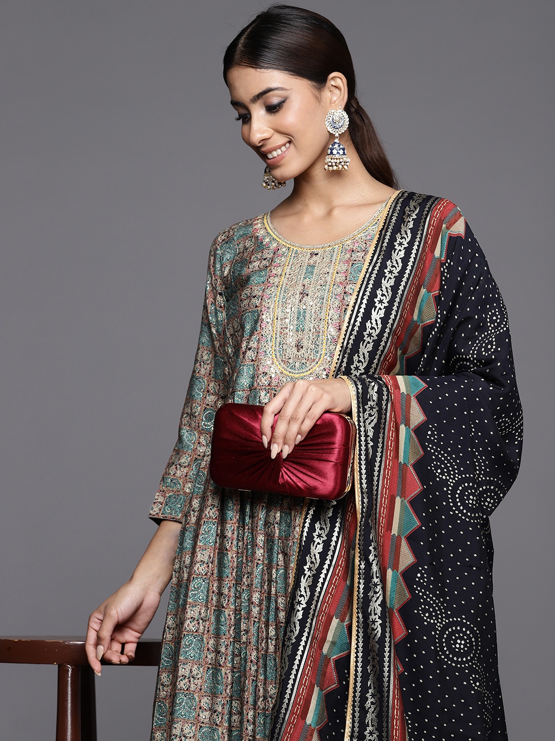 

Libas Women Abstract Printed Pleated Kurta with Trousers & With Dupatta, Blue